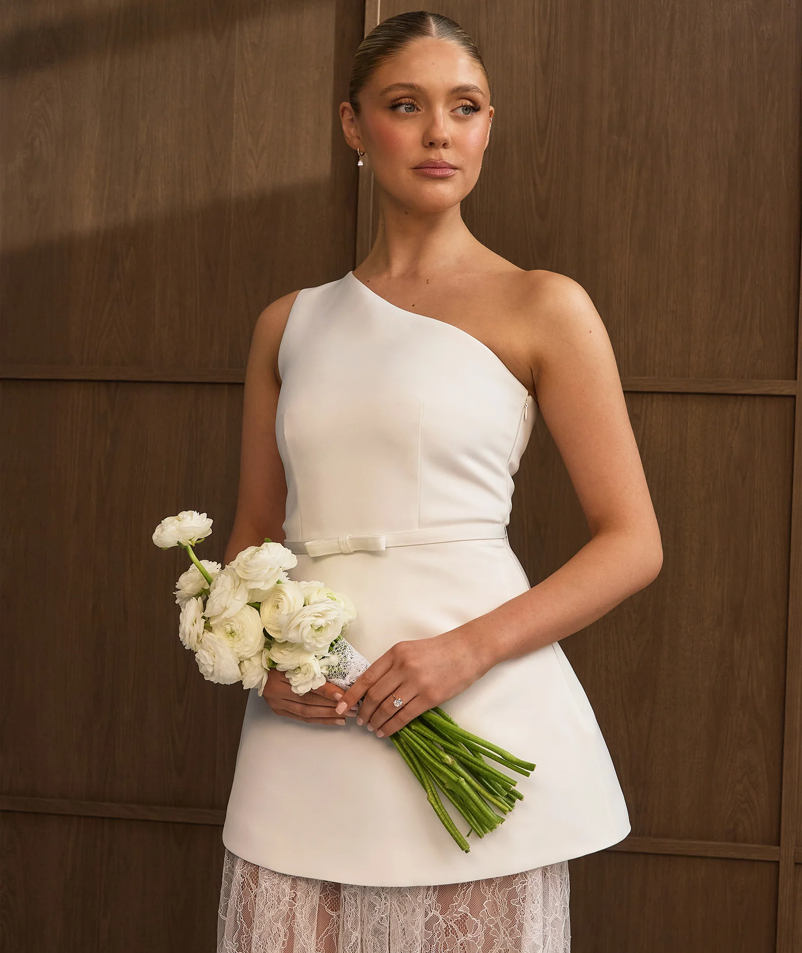 One Shoulder Satin Dress with Lace Skirt - White - Image 2