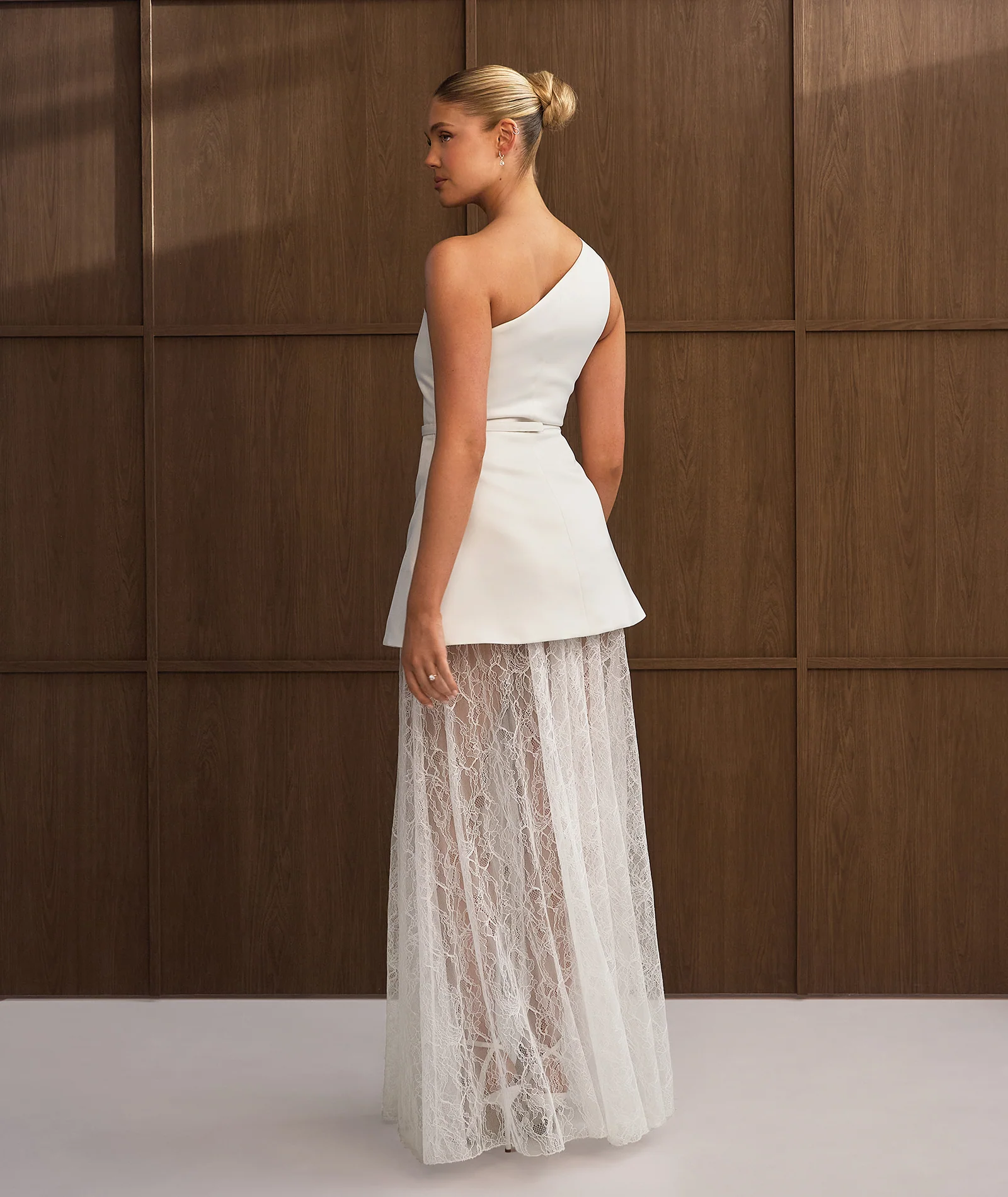 One Shoulder Satin Dress with Lace Skirt - White - Image 3
