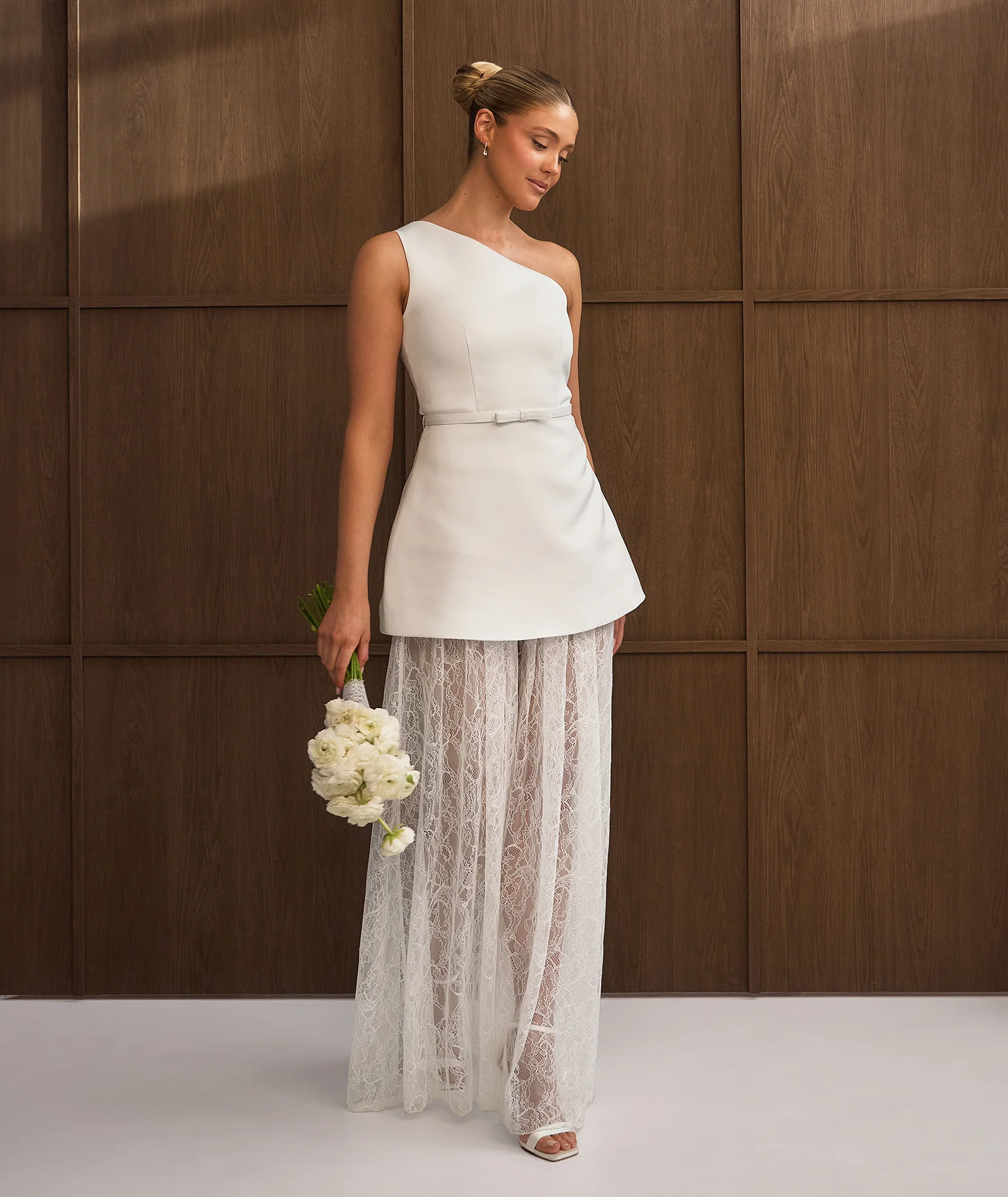 One Shoulder Satin Dress with Lace Skirt - White - Image 5