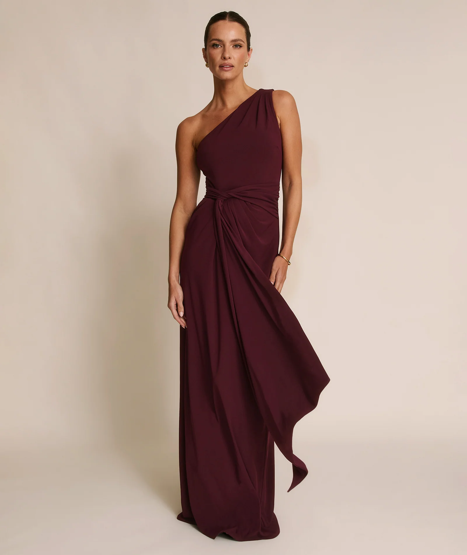 One Shoulder Stretch Sculpt Bridesmaid Dress - Merlot - Image 3
