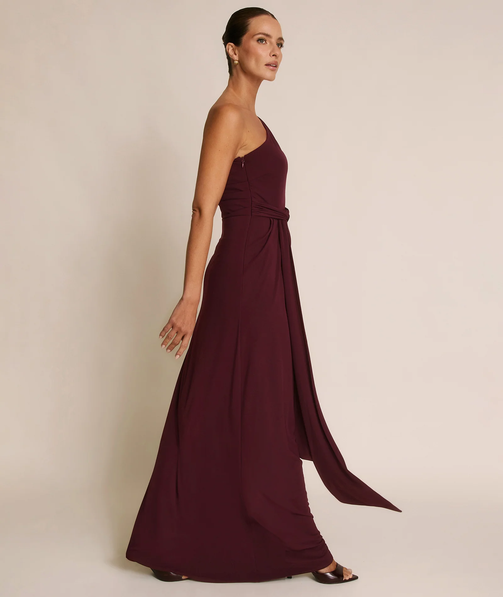 One Shoulder Stretch Sculpt Bridesmaid Dress - Merlot - Image 4