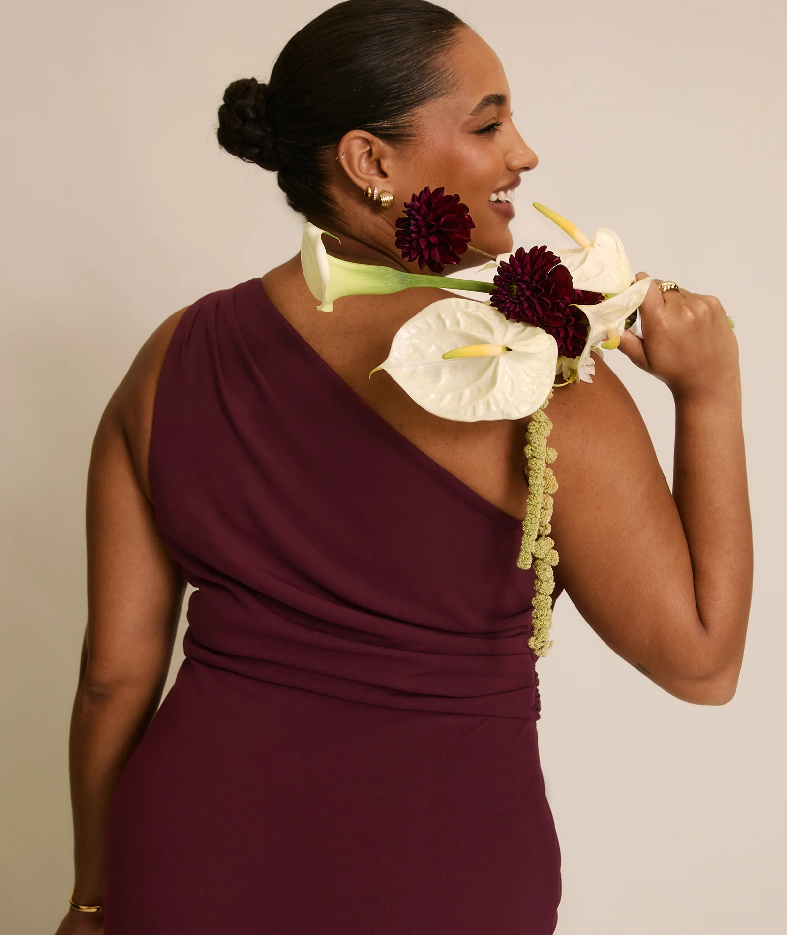 One Shoulder Stretch Sculpt Bridesmaid Dress - Merlot - Image 6