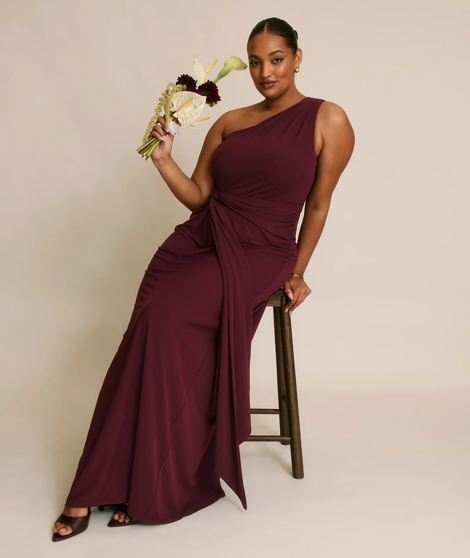 One Shoulder Stretch Sculpt Bridesmaid Dress - Merlot - Image 7