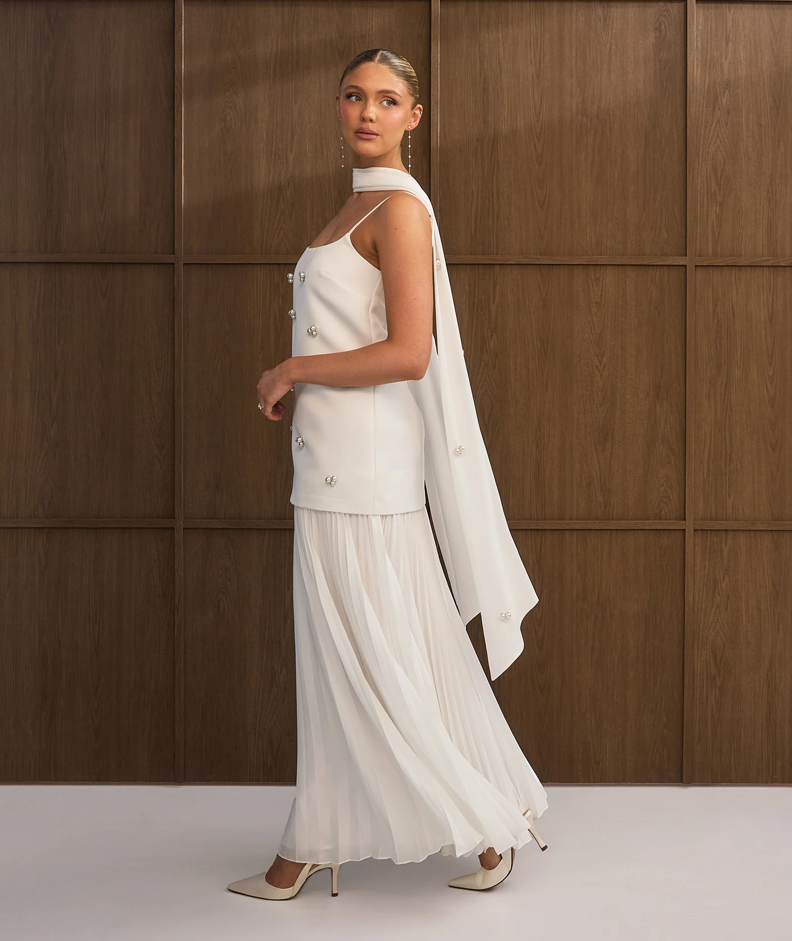 Pearl Embellished Maxi Dress with Neck Scarf - White - Image 3