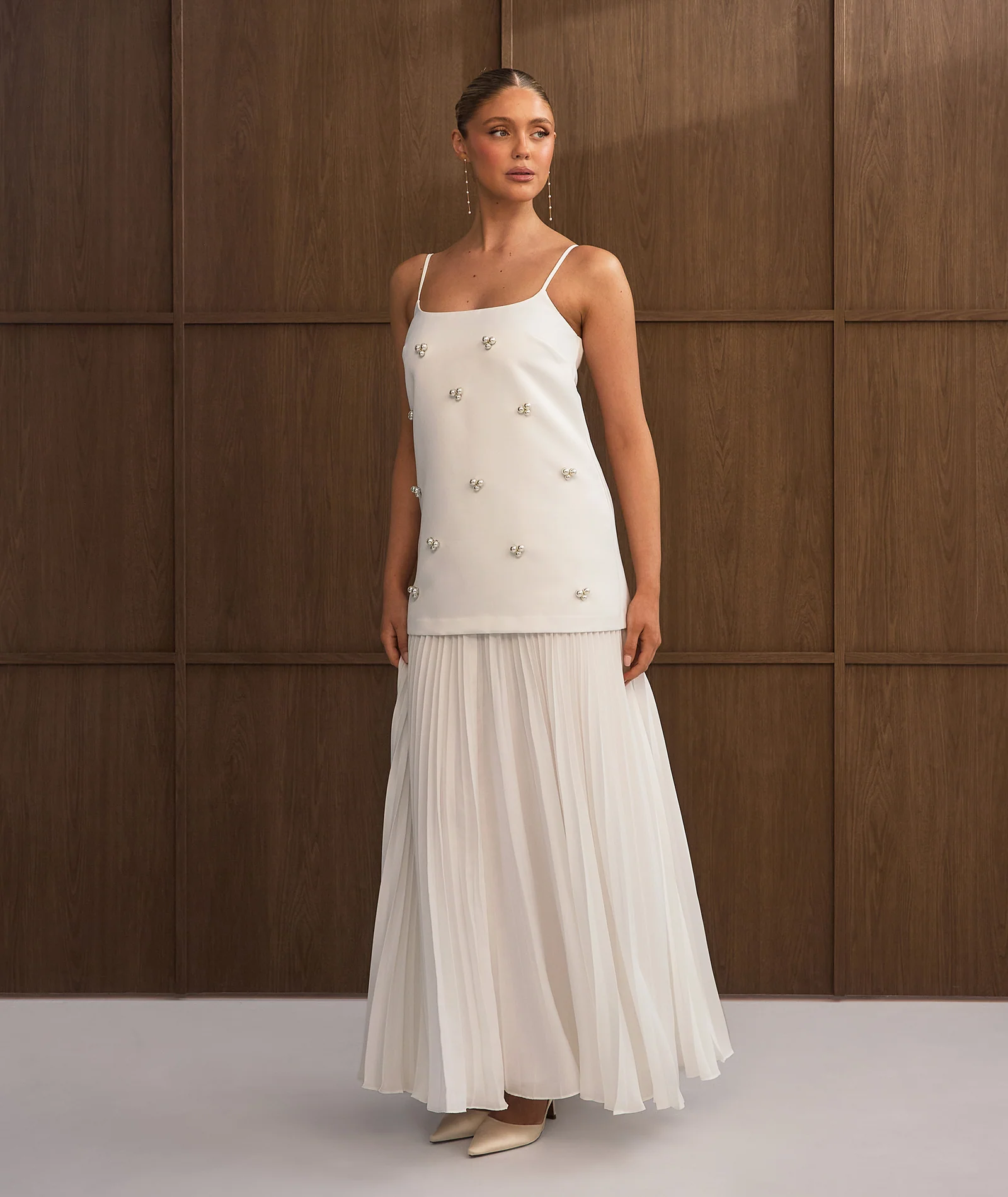 Pearl Embellished Maxi Dress with Neck Scarf - White - Image 5