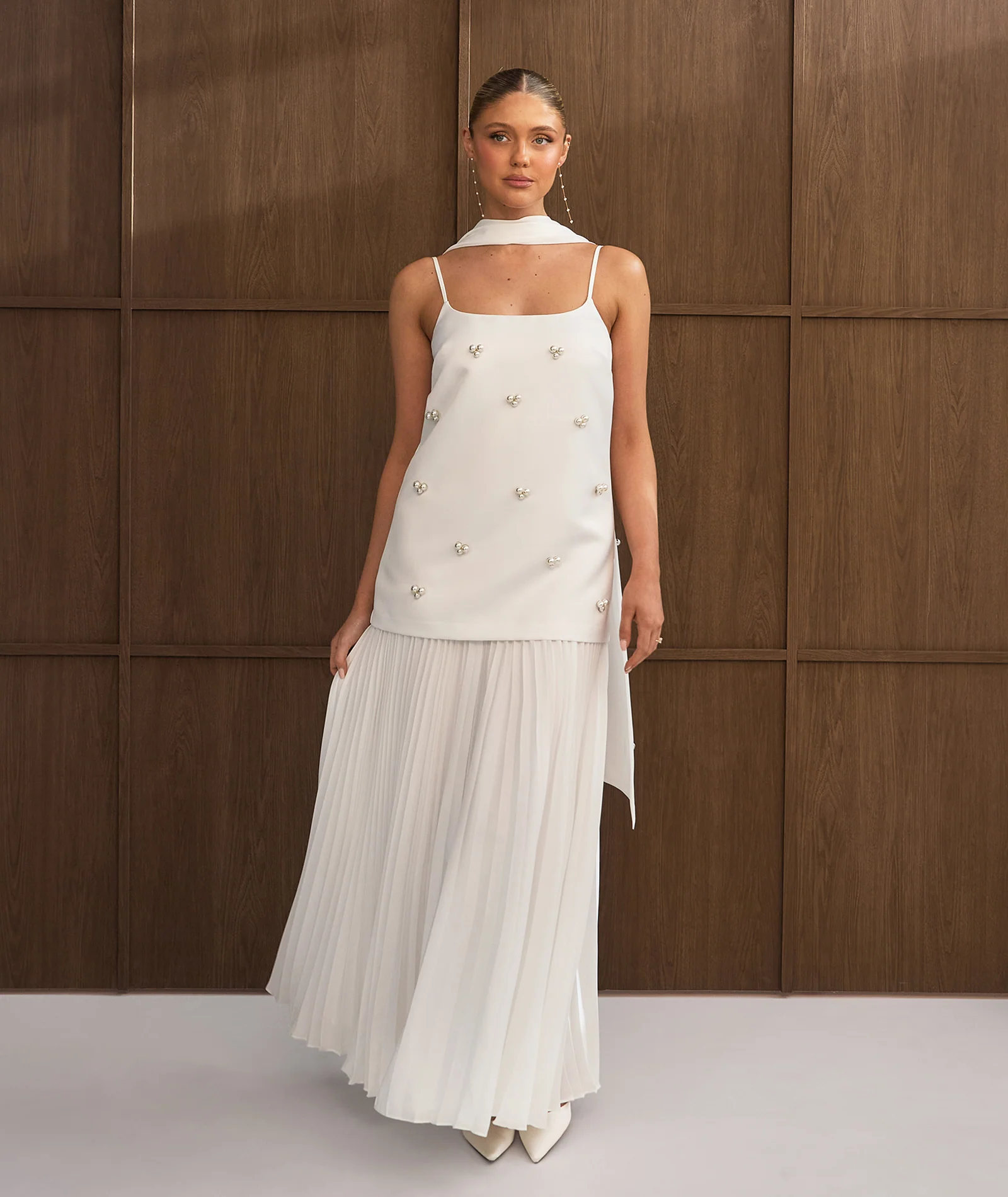 Pearl Embellished Maxi Dress with Neck Scarf - White - Image 7