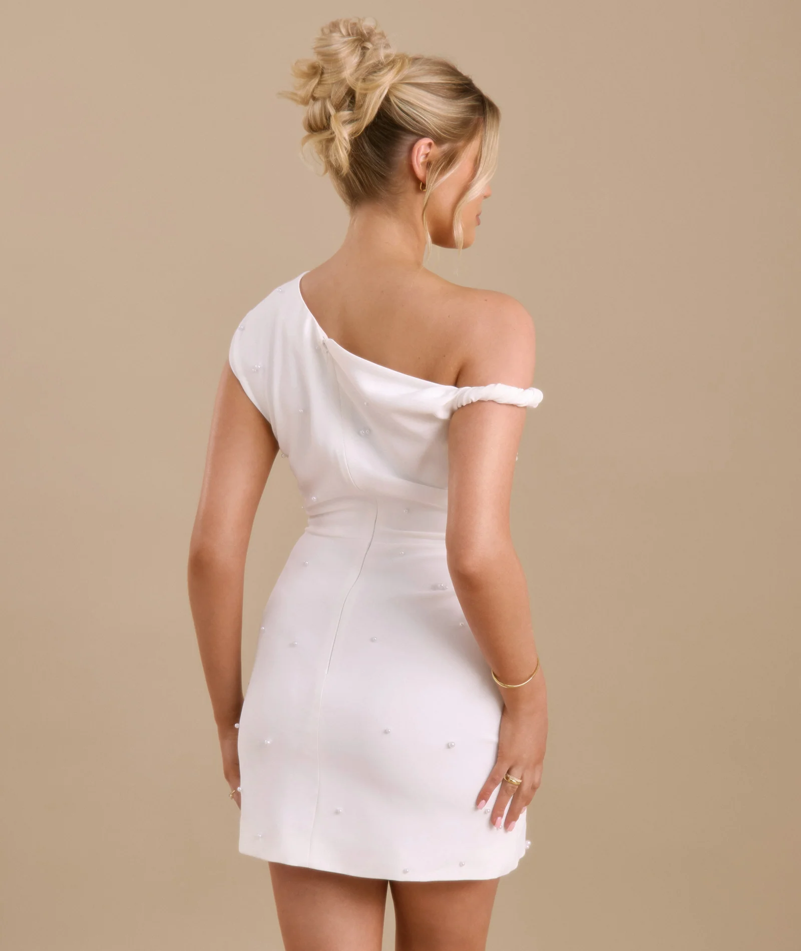 Pearl Trim Asymmetric Bardot Mini Dress - White - Image 4