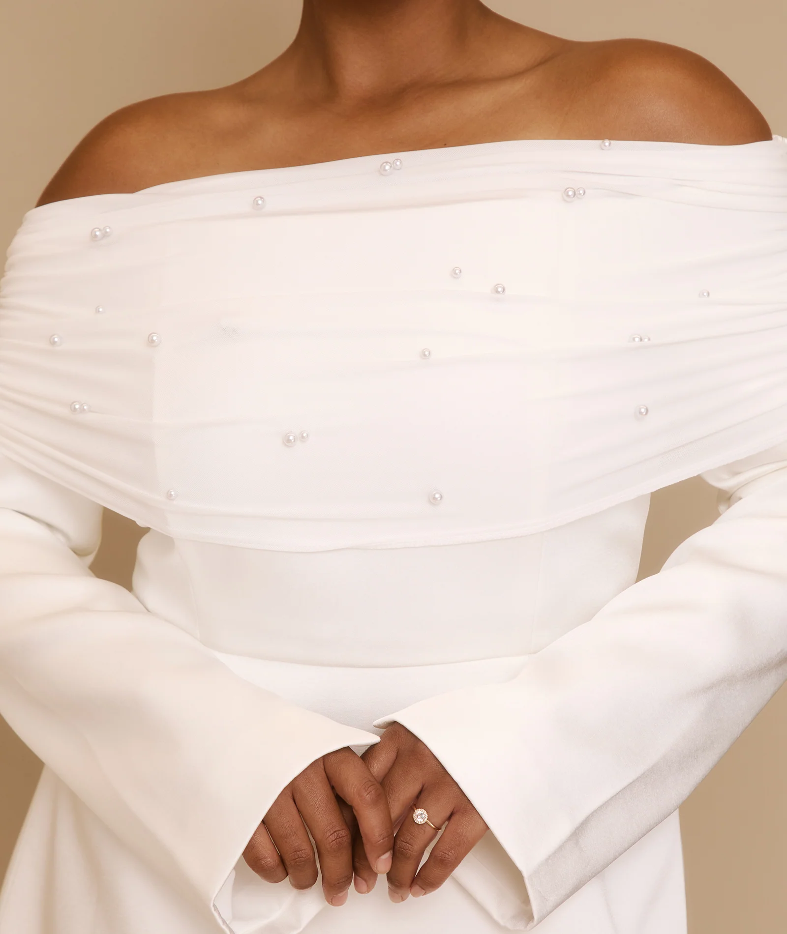 Pearl Trim Bardot Mini Dress - White - Image 4