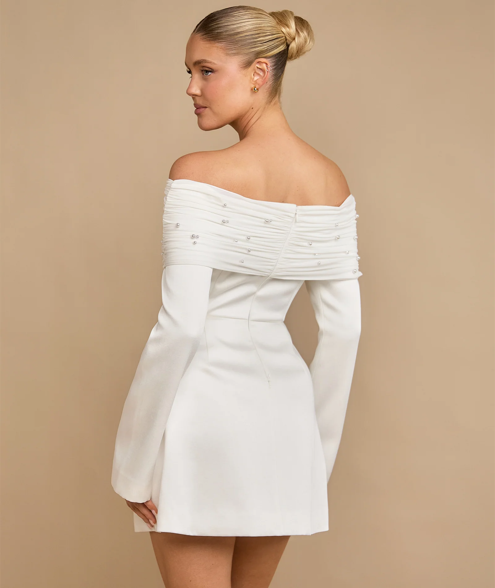 Pearl Trim Bardot Mini Dress - White - Image 5