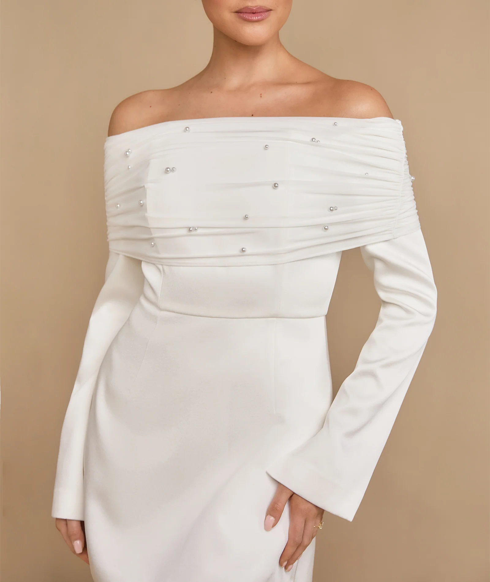 Petite Pearl Trim Bardot Mini Dress - White - Image 3