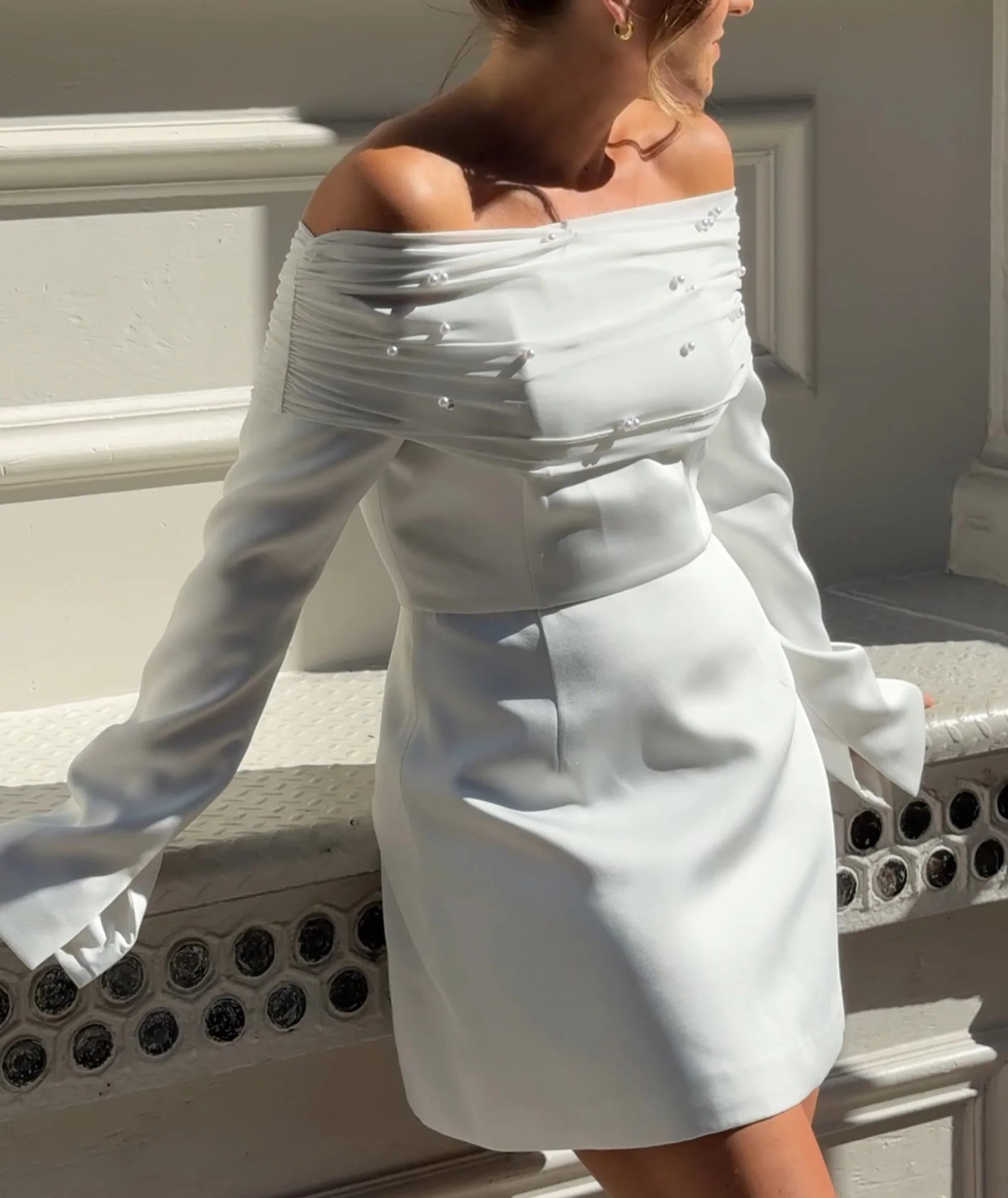 Petite Pearl Trim Bardot Mini Dress - White - Image 7