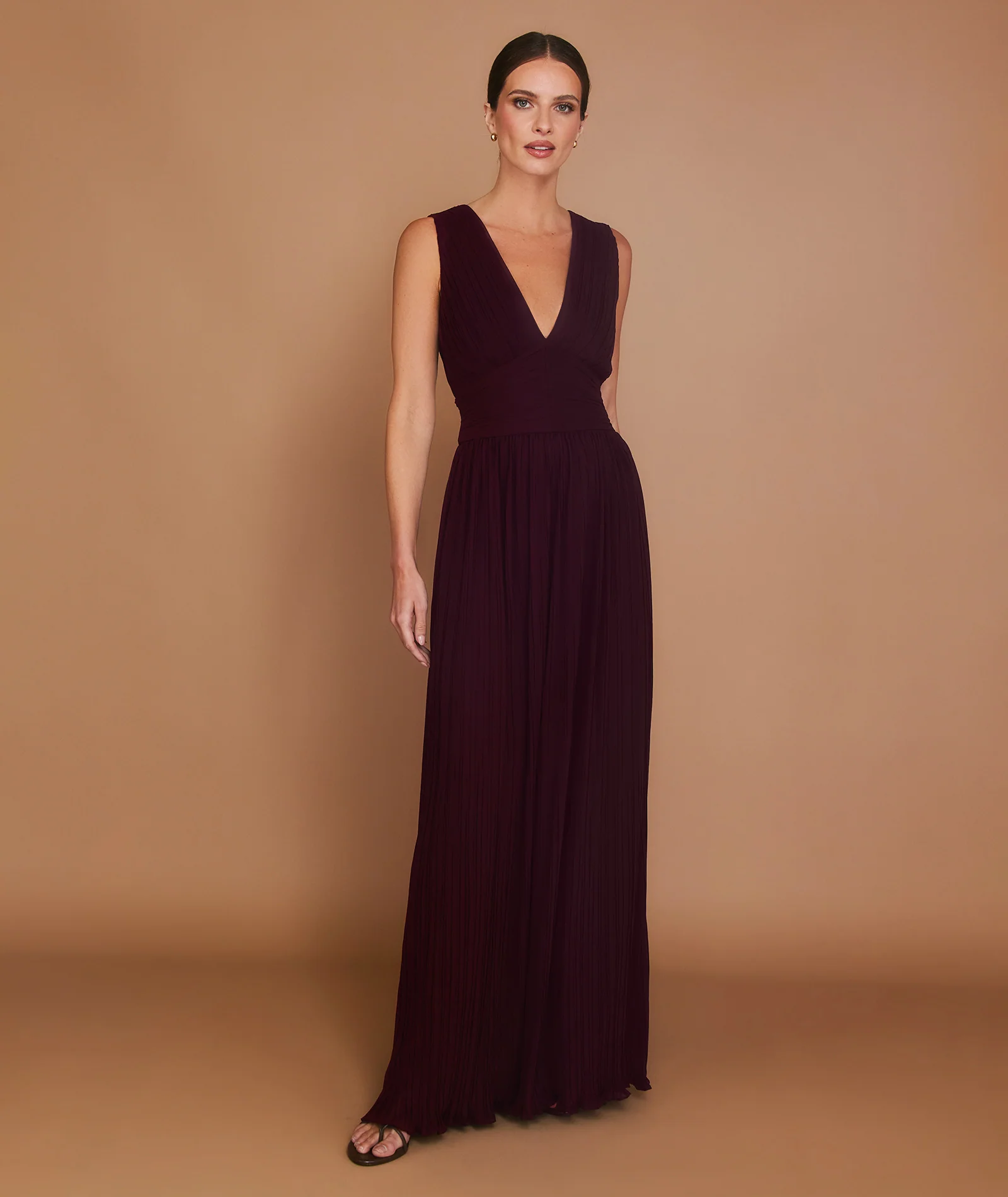 Pleated Plunge Maxi Dress - Wine - Image 2