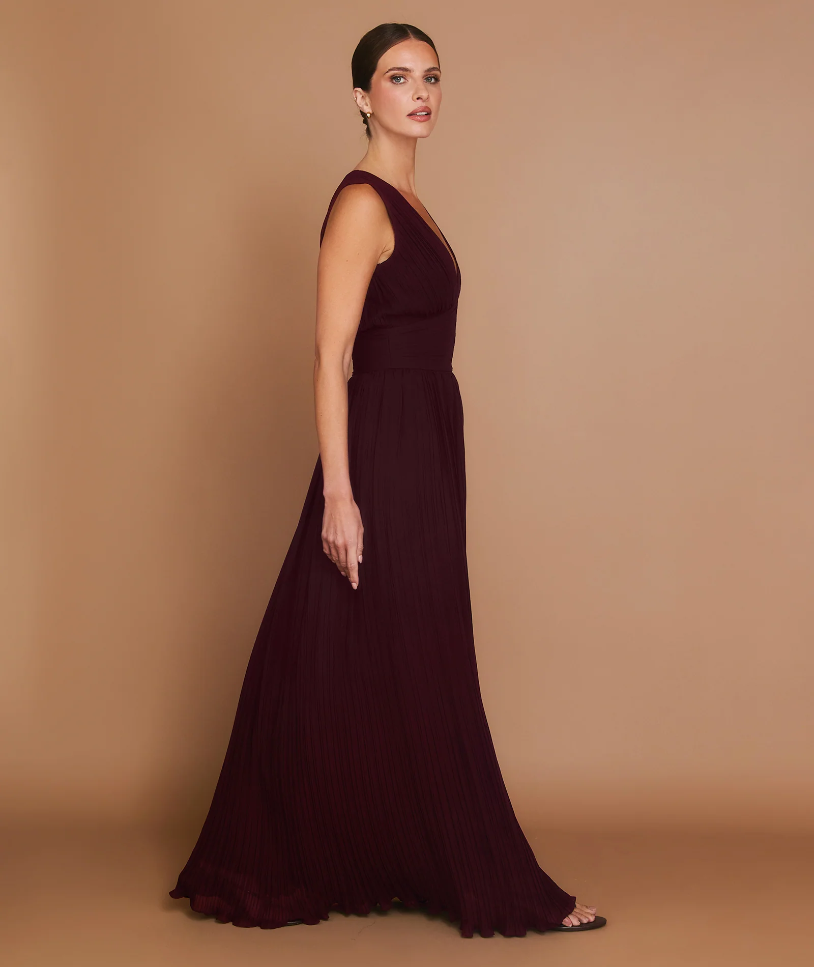 Pleated Plunge Maxi Dress - Wine - Image 3