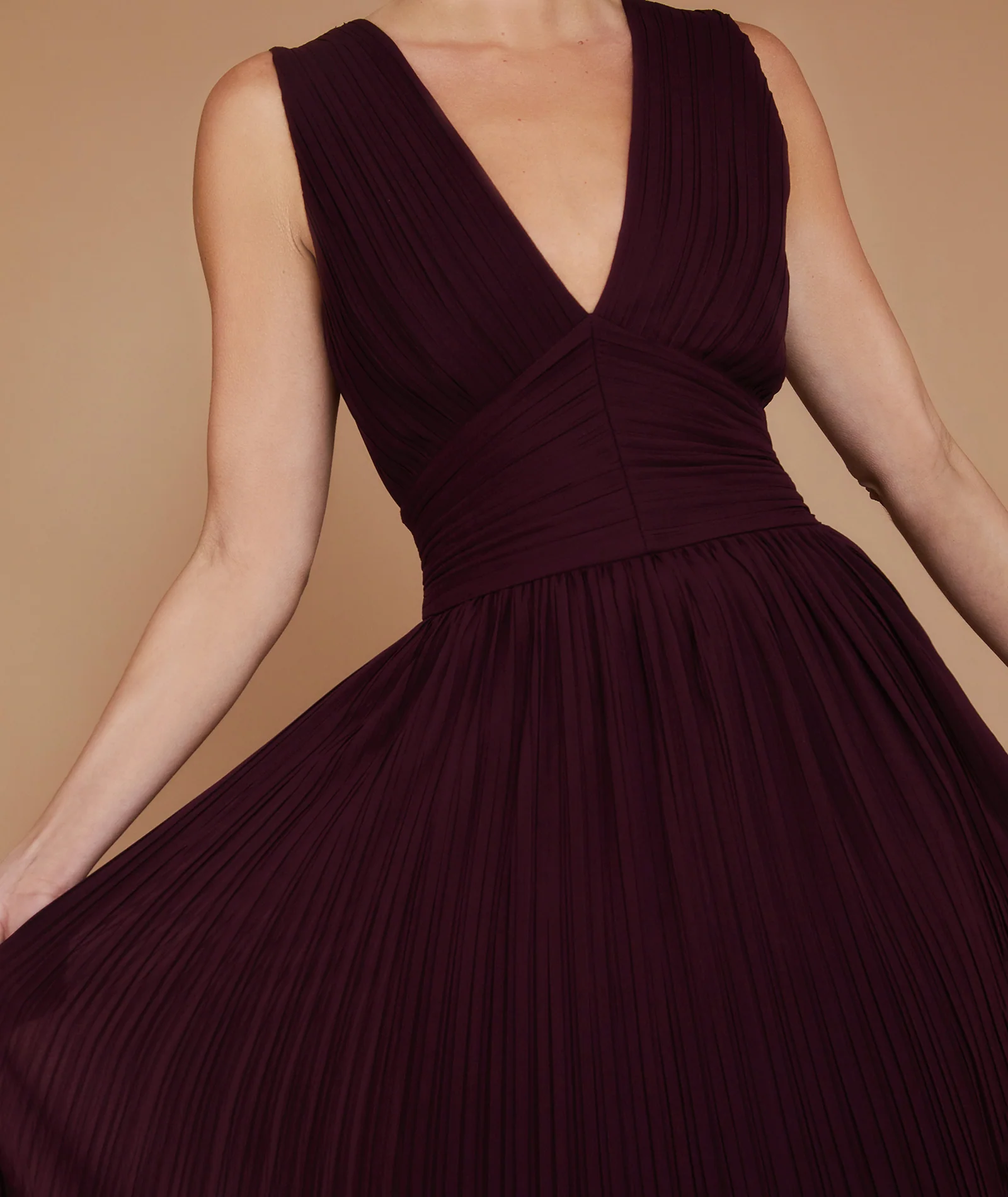 Pleated Plunge Maxi Dress - Wine - Image 5