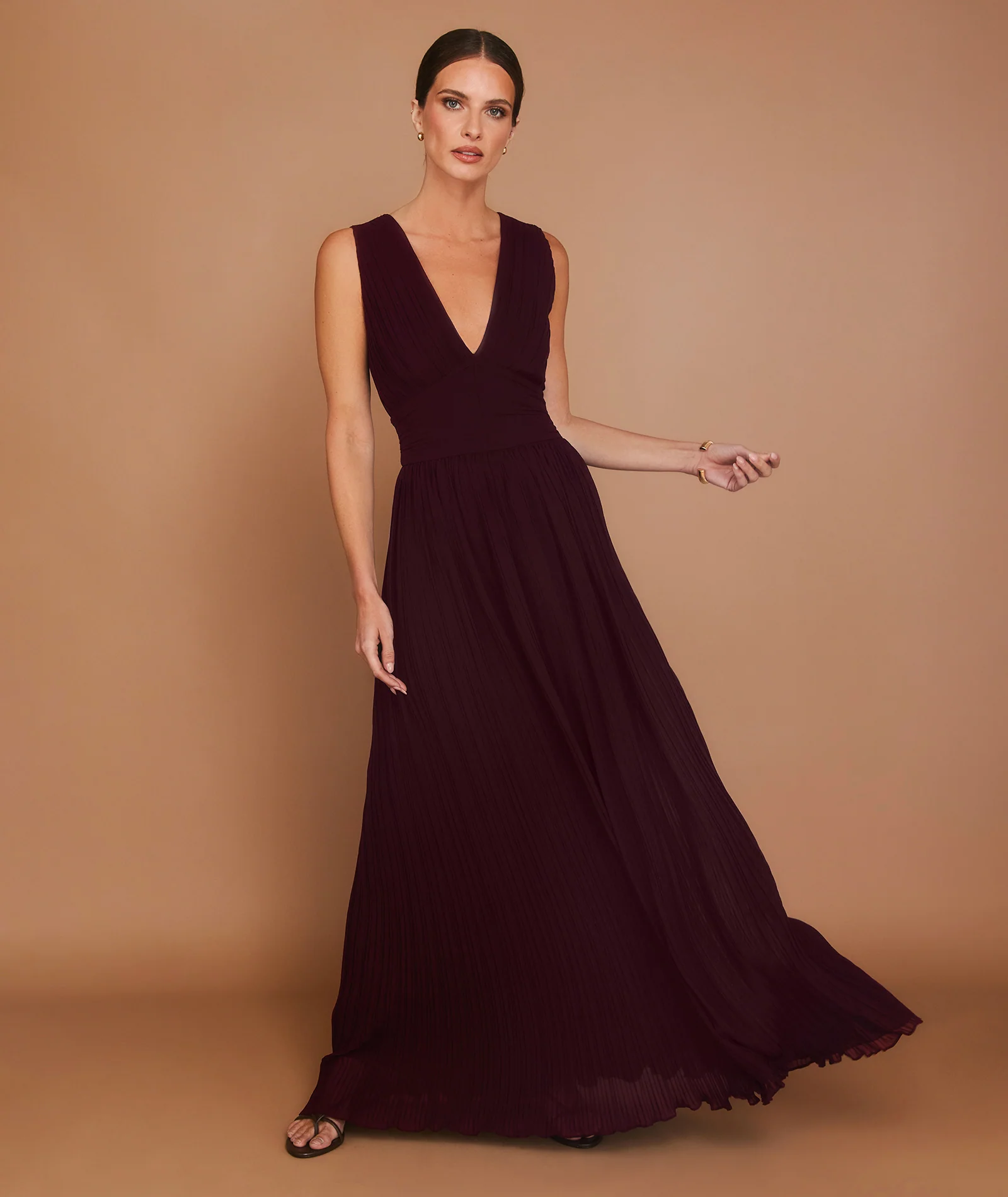 Pleated Plunge Maxi Dress - Wine - Image 6