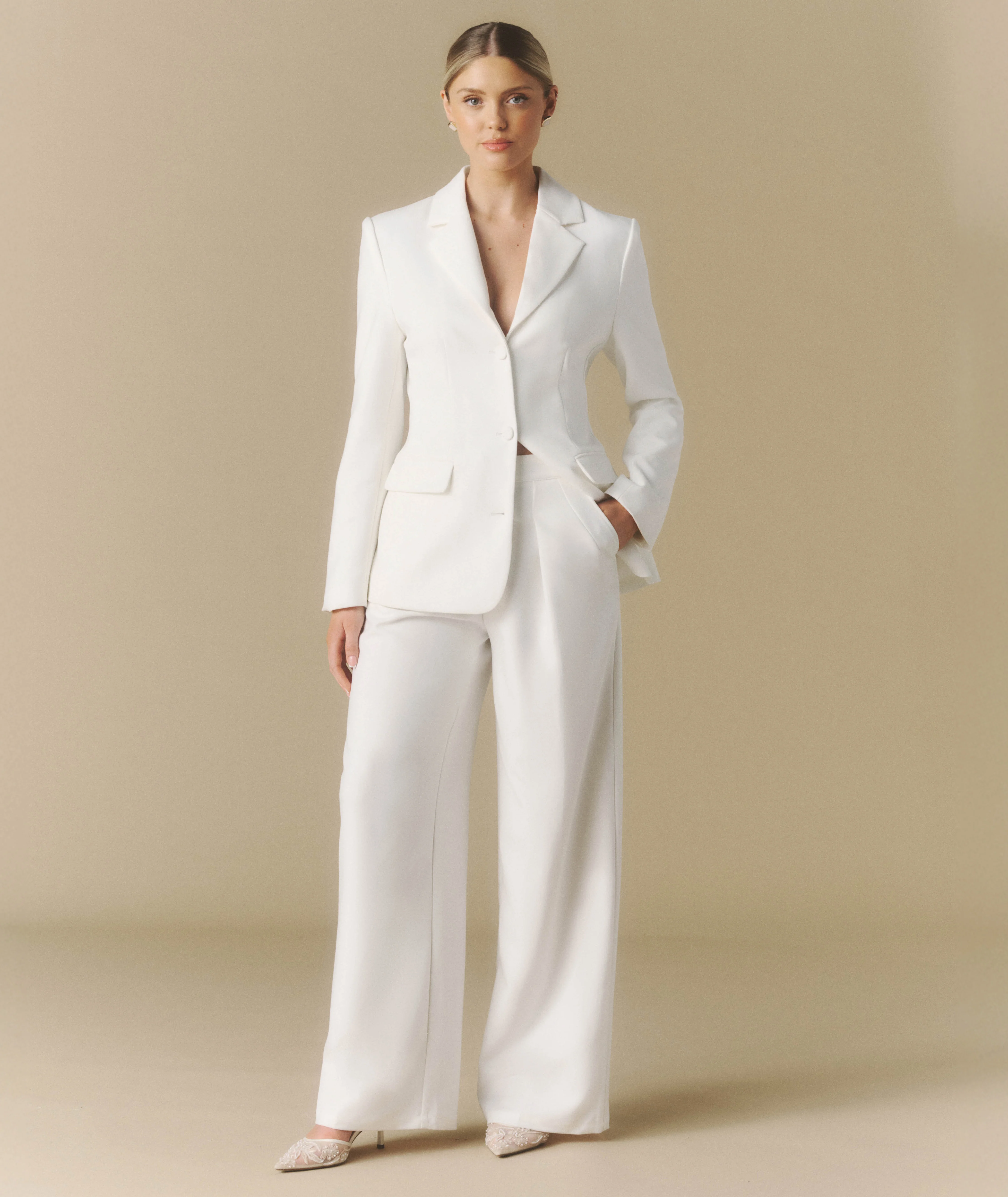 Pleated Wide Leg Trousers - Off White - Image 2
