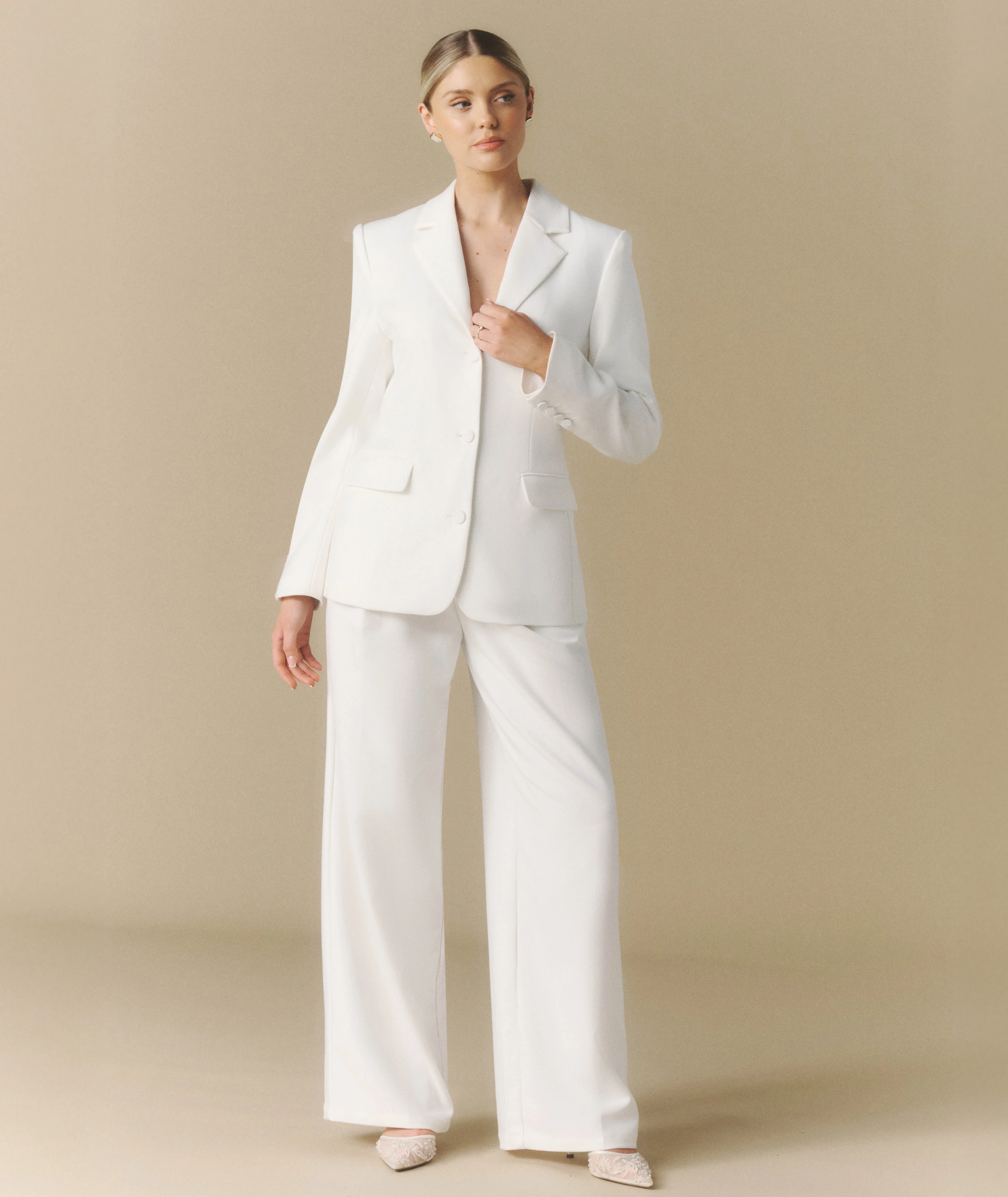 Pleated Wide Leg Trousers - Off White - Image 3