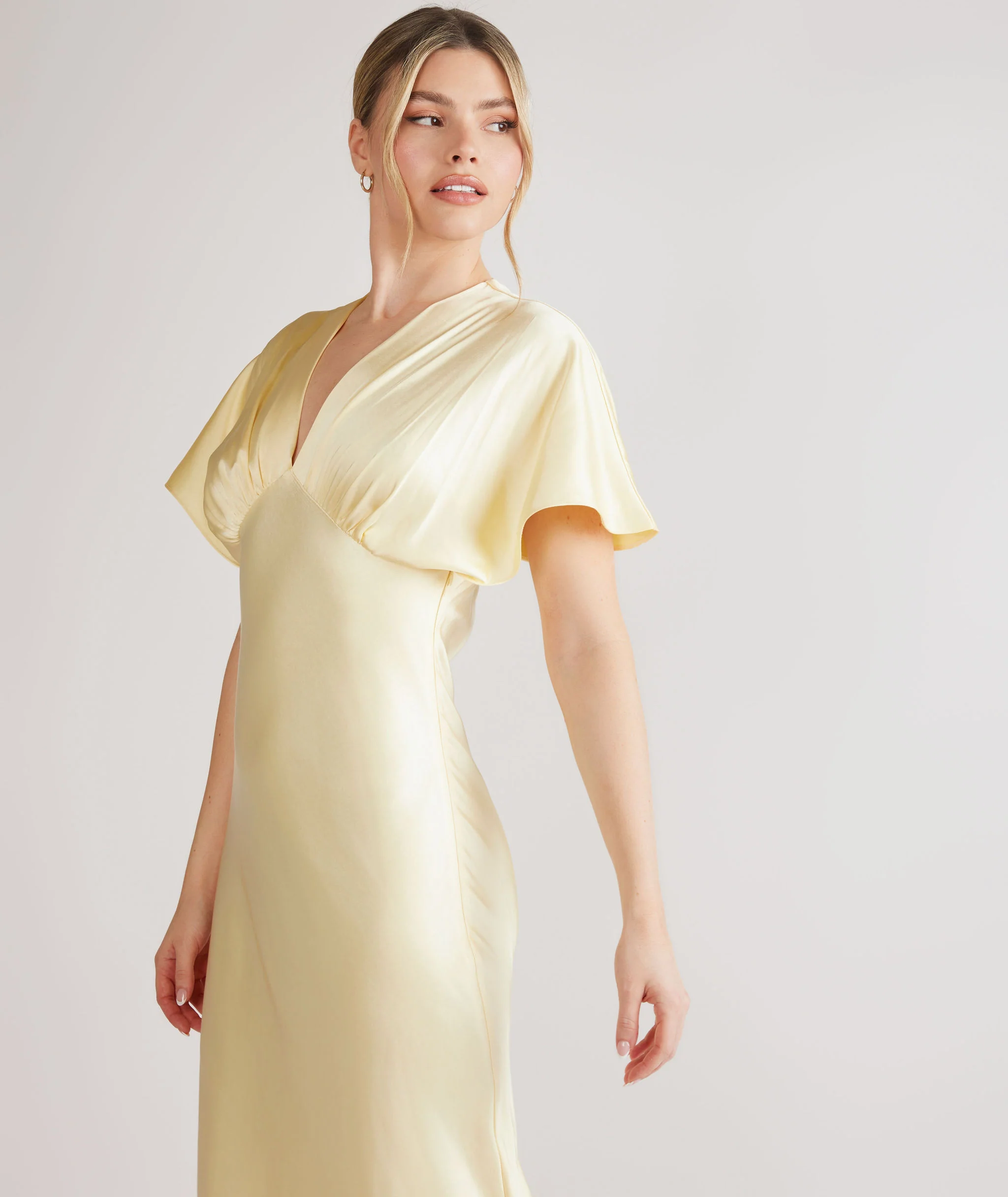 Plunge Batwing Satin Bridesmaid Dress - Butter Lemon - Image 3