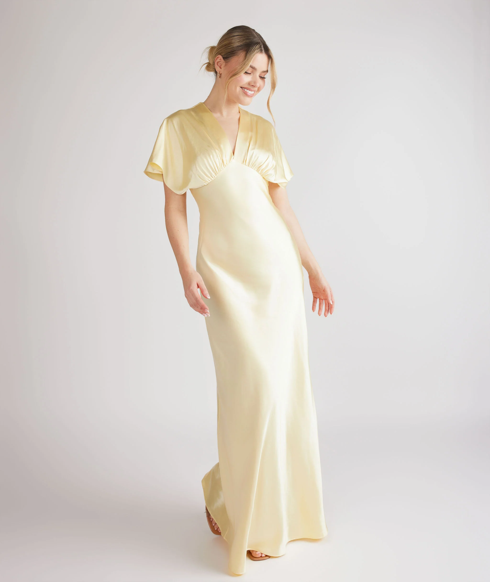 Plunge Batwing Satin Bridesmaid Dress - Butter Lemon - Image 5