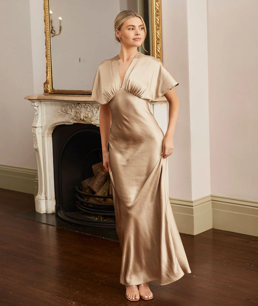 Plunge Batwing Satin Bridesmaid Dress - Champagne - Image 2