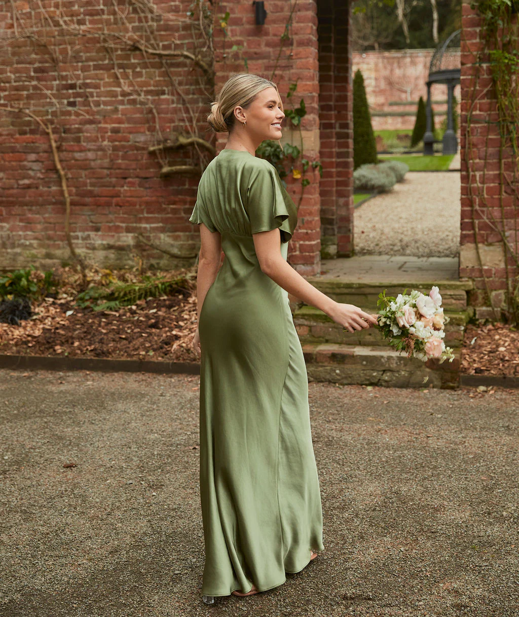 Plunge Batwing Satin Bridesmaid Dress - Moss Green - Image 3