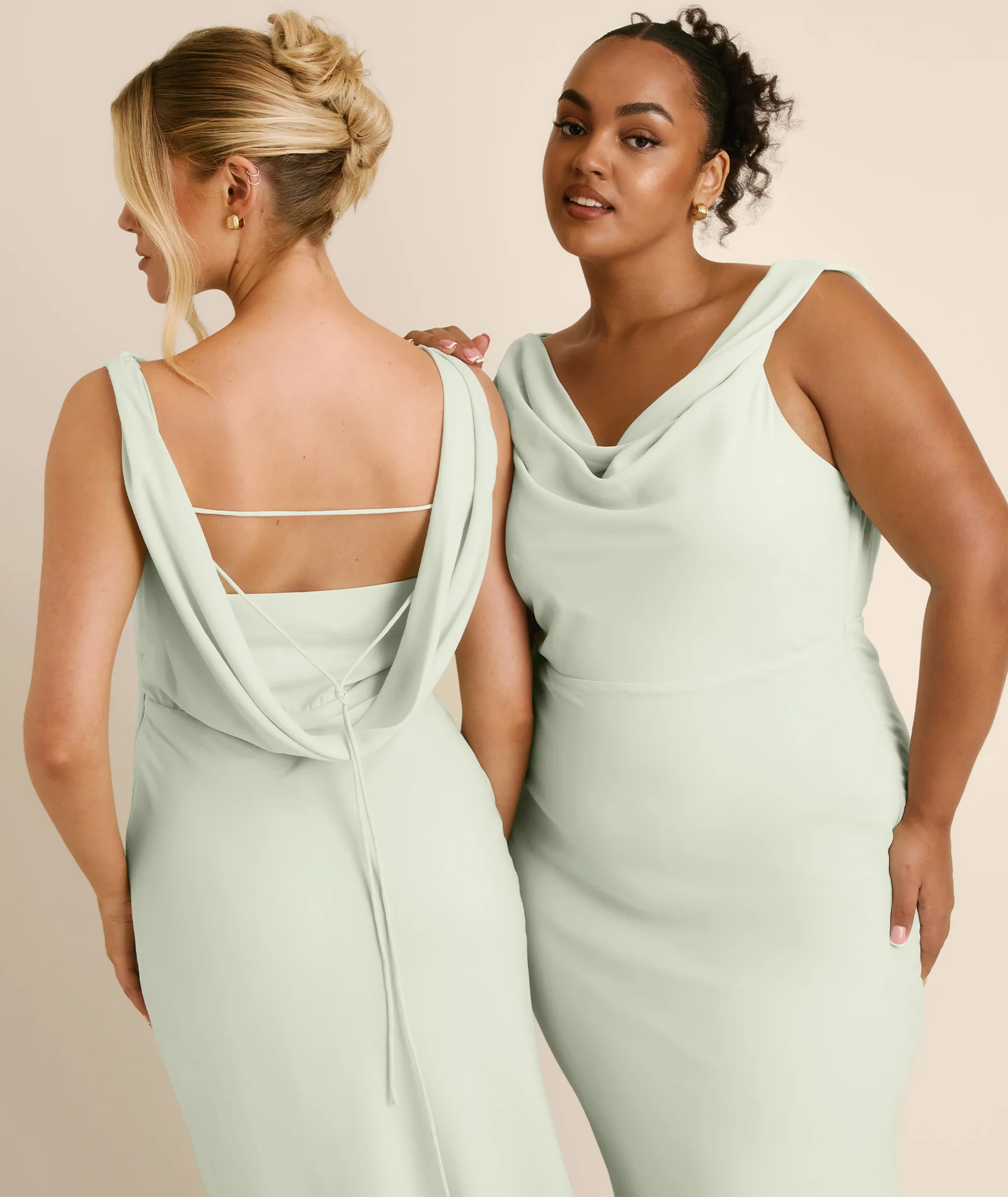 Plunge Cowl Chiffon Bridesmaid Dress with Neck Scarf - Mint Green - Image 3