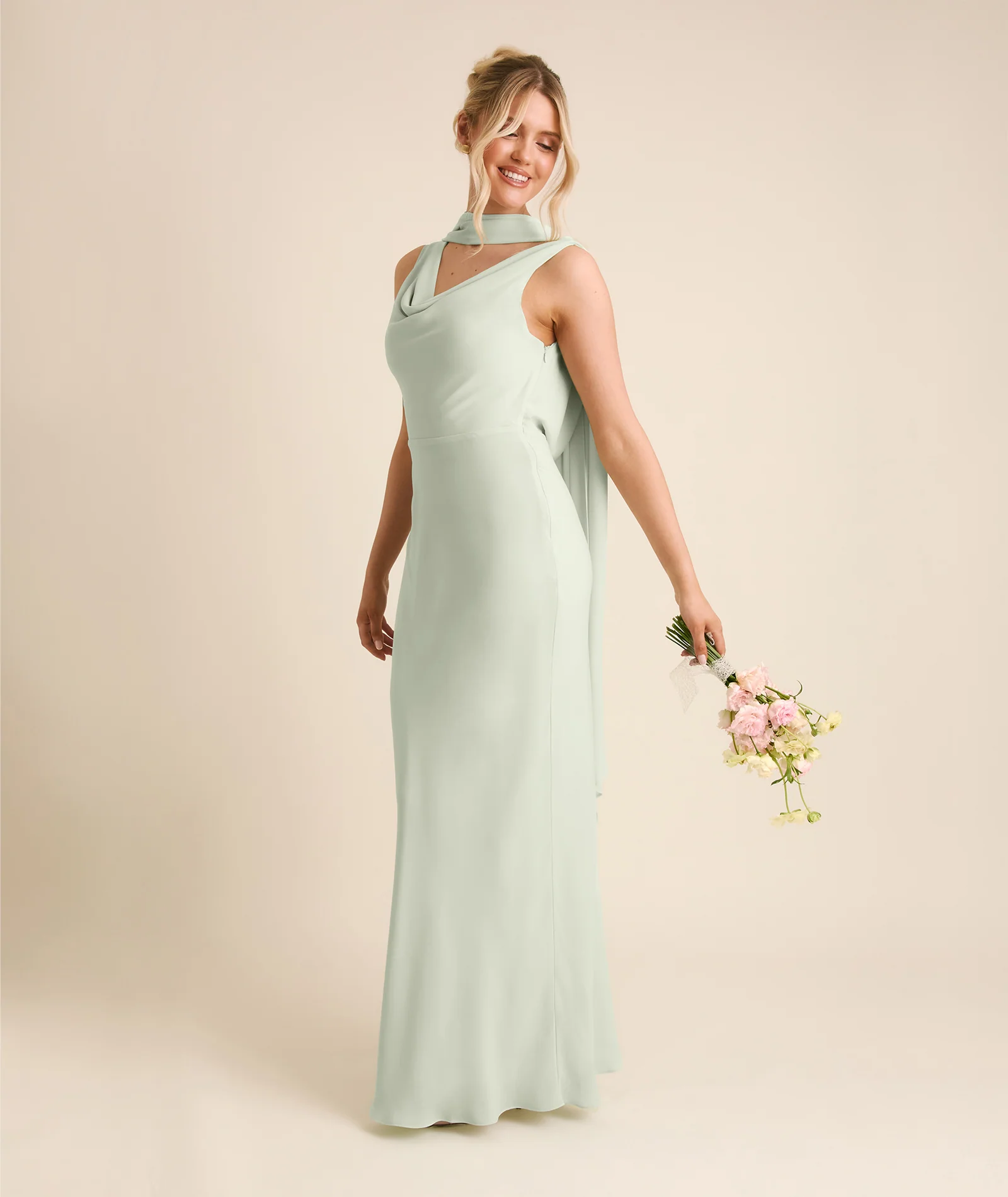 Plunge Cowl Chiffon Bridesmaid Dress with Neck Scarf - Mint Green - Image 4