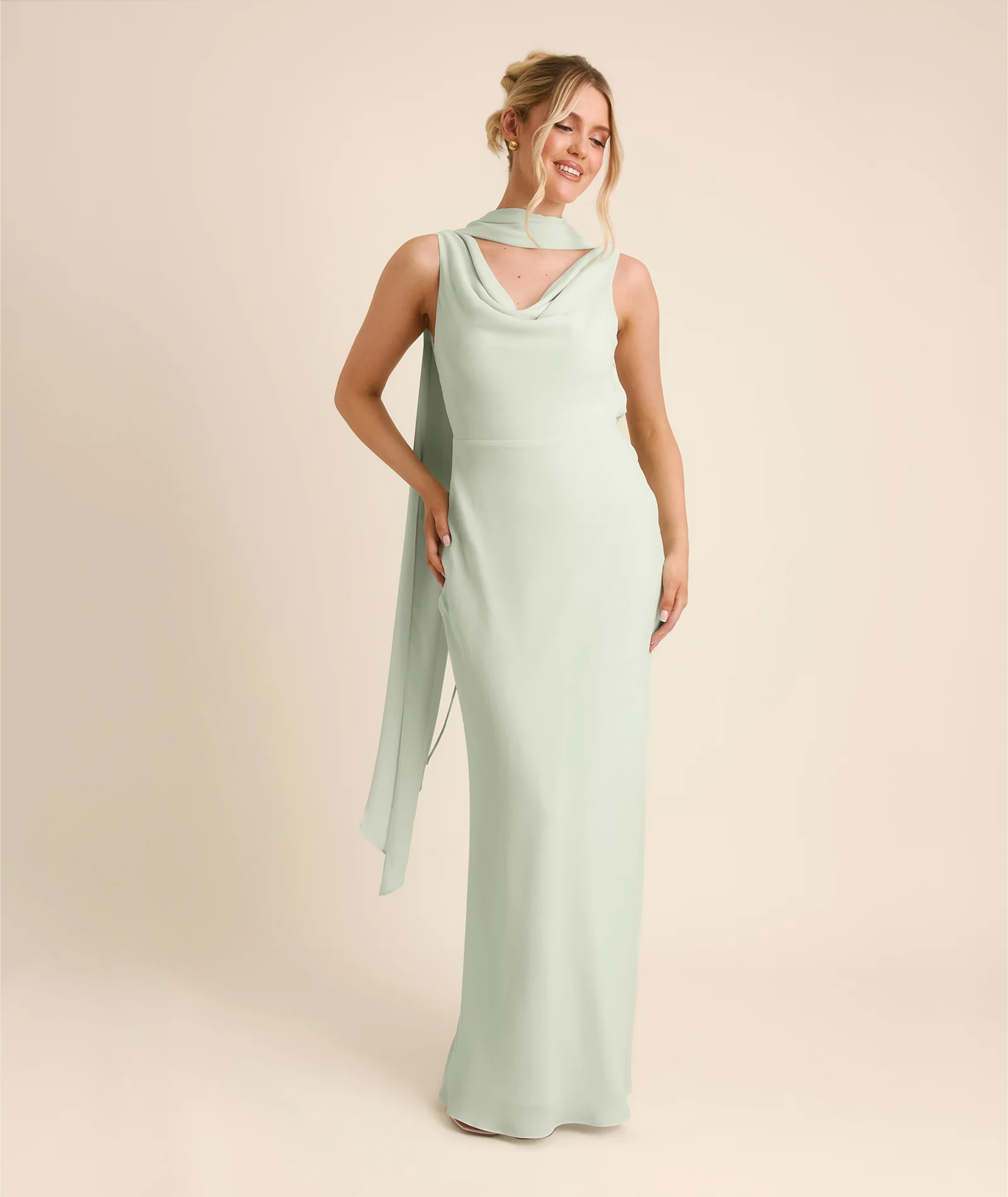 Plunge Cowl Chiffon Bridesmaid Dress with Neck Scarf - Mint Green - Image 6
