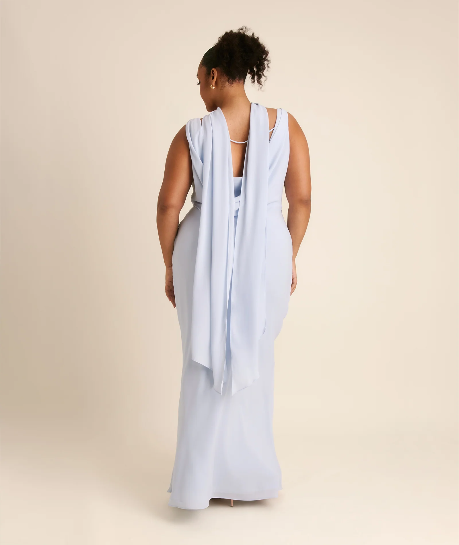 Plunge Cowl Chiffon Bridesmaid Dress with Neck Scarf - Powder Blue - Image 5