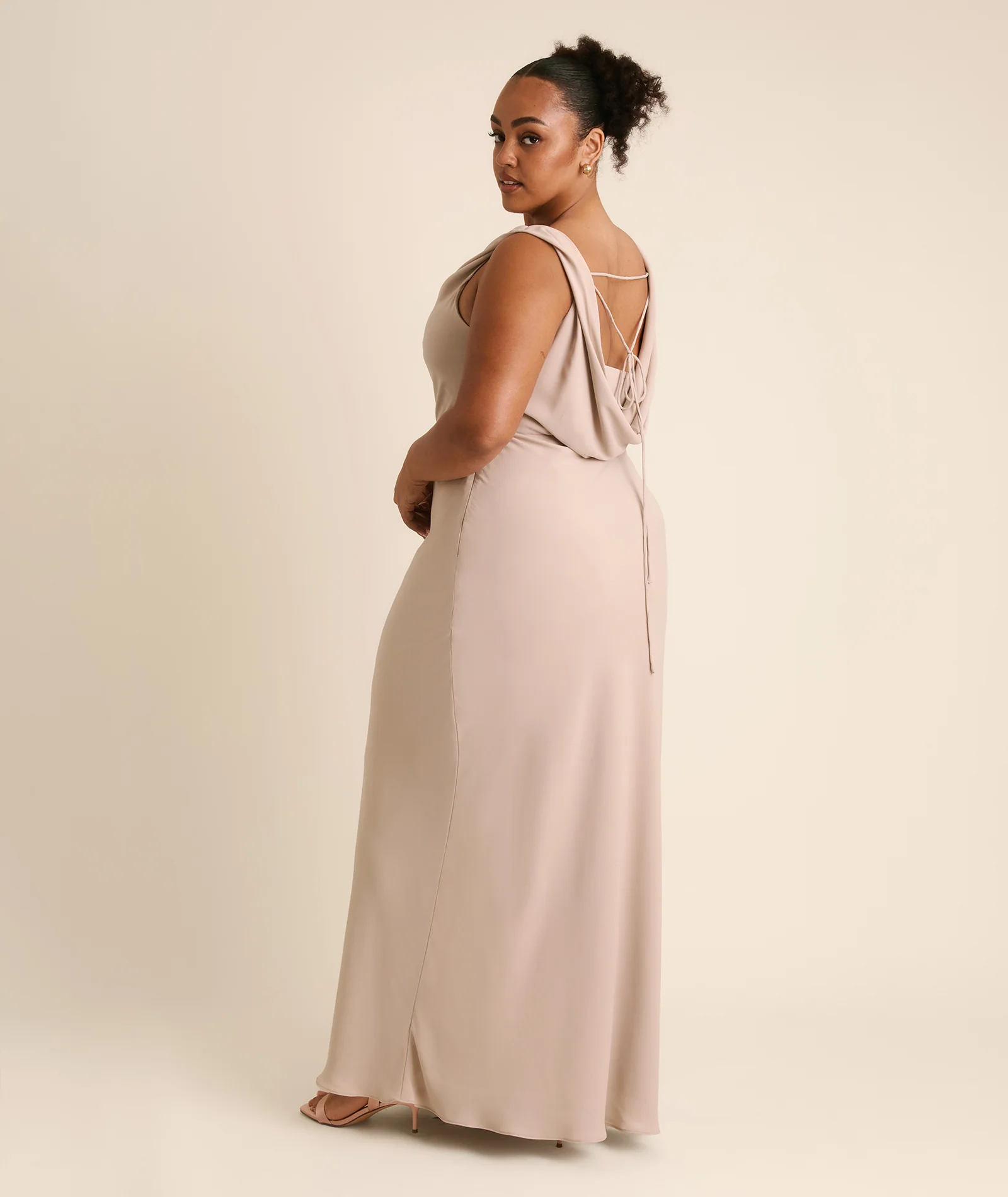 Plunge Cowl Chiffon Bridesmaid Dress with Neck Scarf - Taupe - Image 4