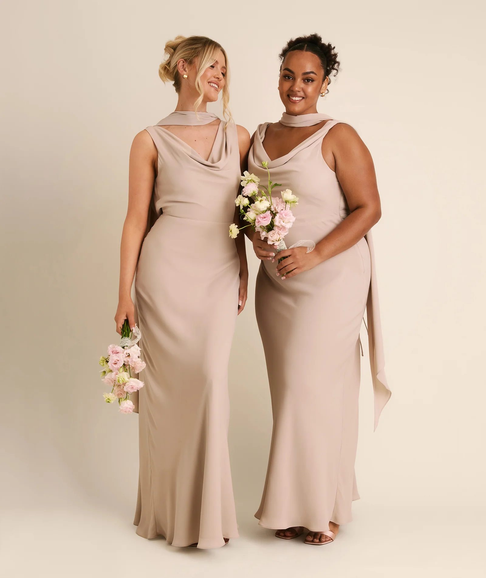 Plunge Cowl Chiffon Bridesmaid Dress with Neck Scarf - Taupe - Image 5