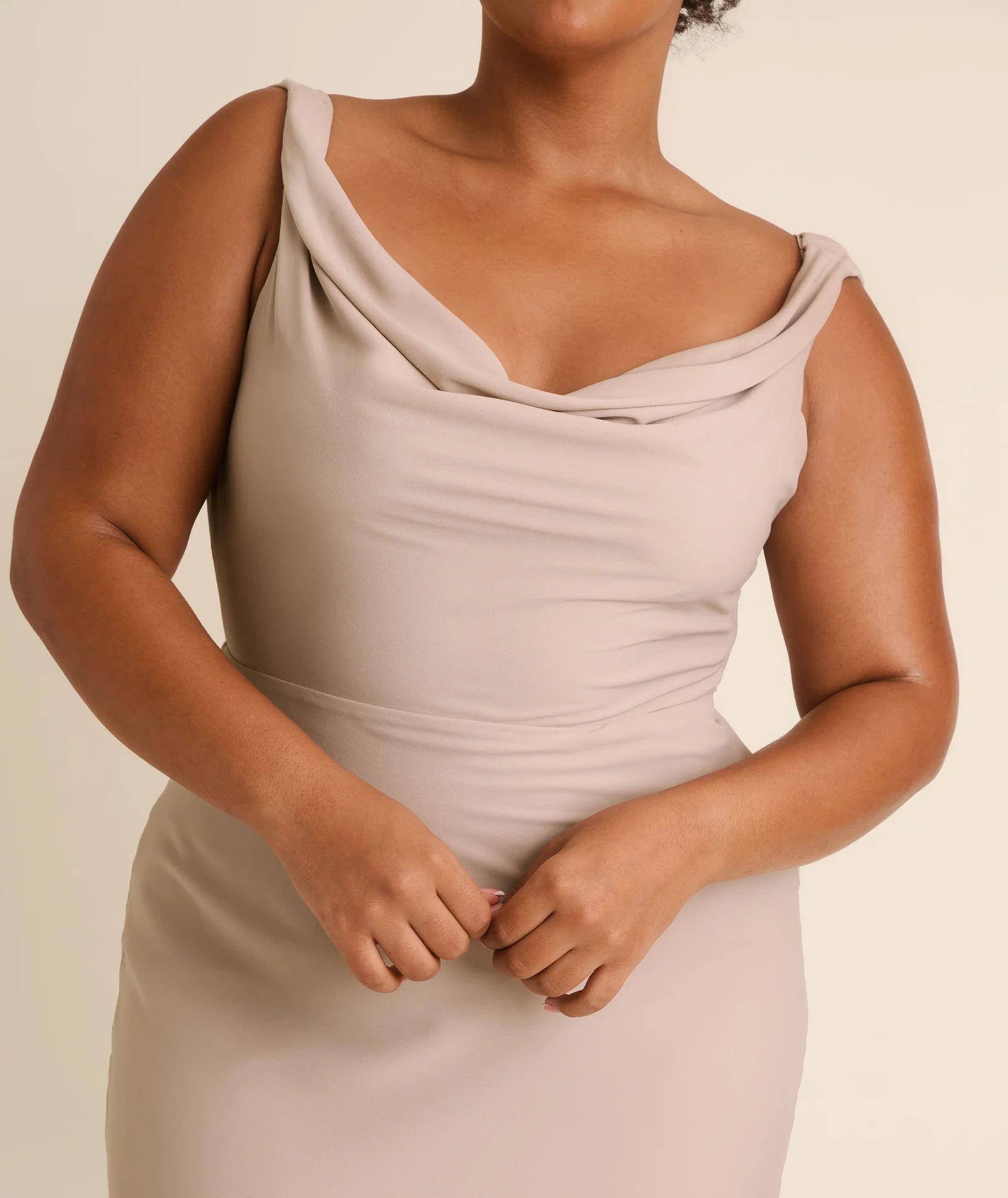 Plunge Cowl Chiffon Bridesmaid Dress with Neck Scarf - Taupe - Image 6