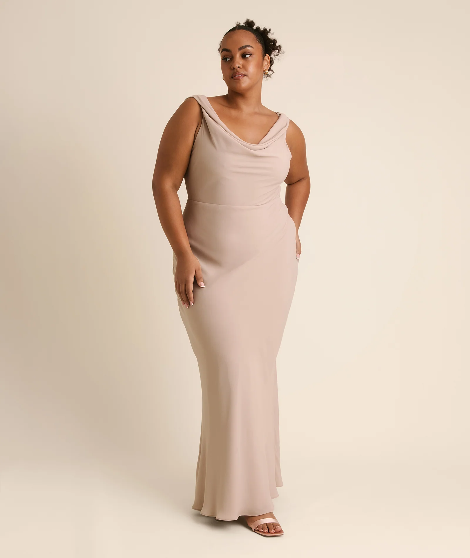 Plunge Cowl Chiffon Bridesmaid Dress with Neck Scarf - Taupe - Image 7