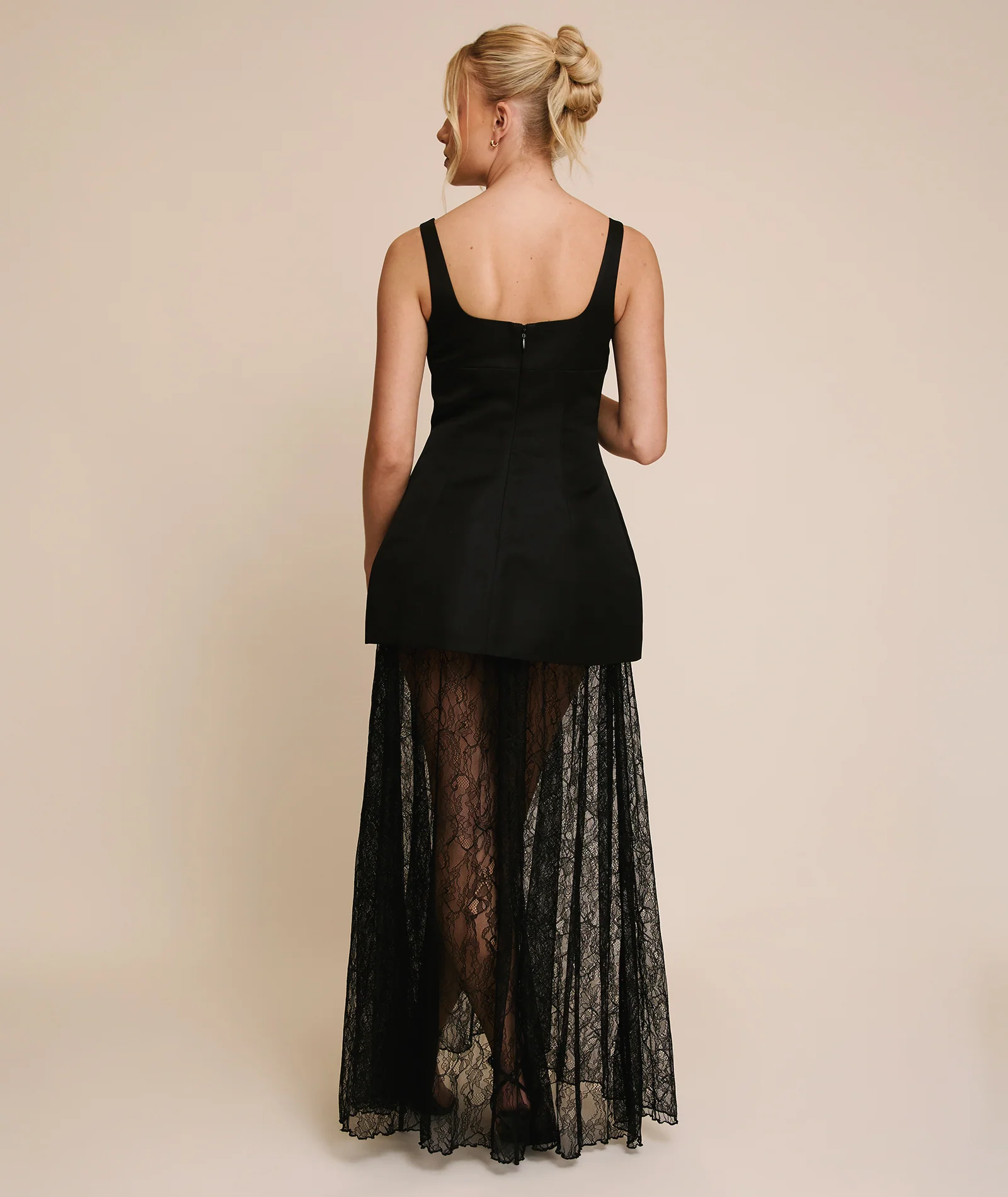 Plunge Satin Dress with Lace Skirt - Black - Image 3