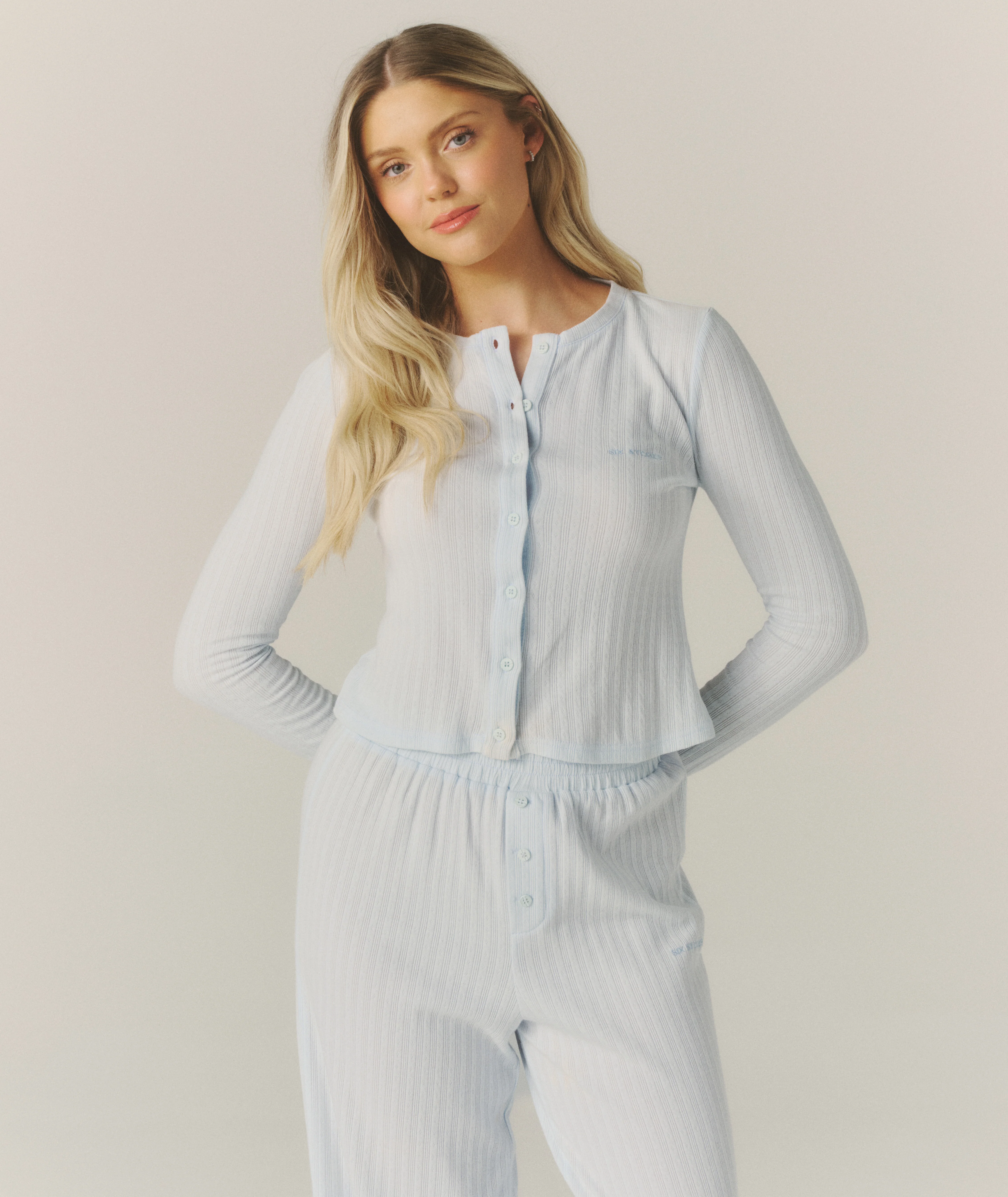 Pointelle Cardigan Pyjama Top - Baby Blue - Image 3