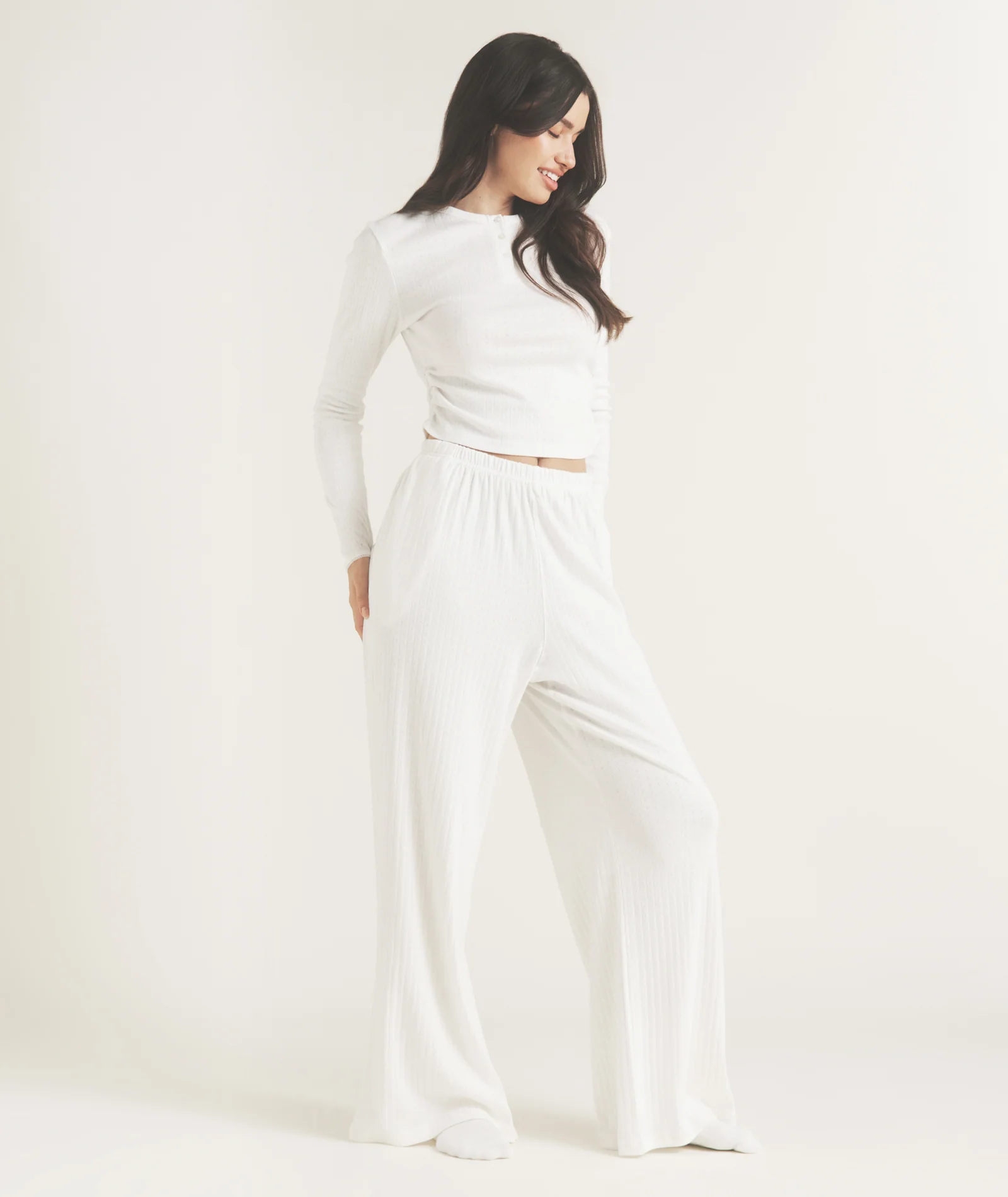 Pointelle Long Sleeve Pyjama Top - Coconut - Image 2