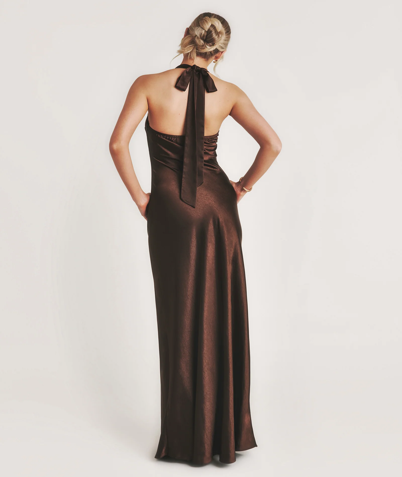 Racer Neck Satin Bridesmaid Dress - Chocolate - Image 3