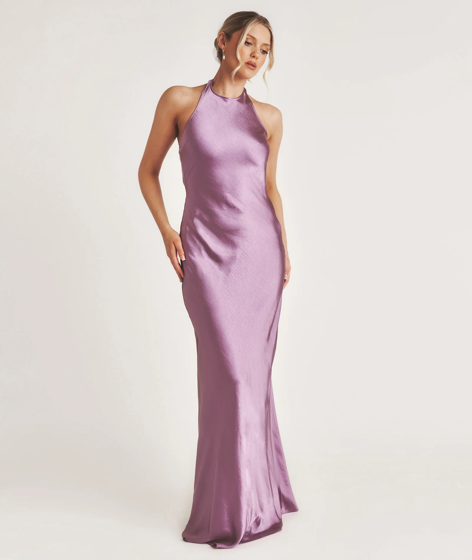 Racer Neck Satin Bridesmaid Dress - Orchid - Image 4