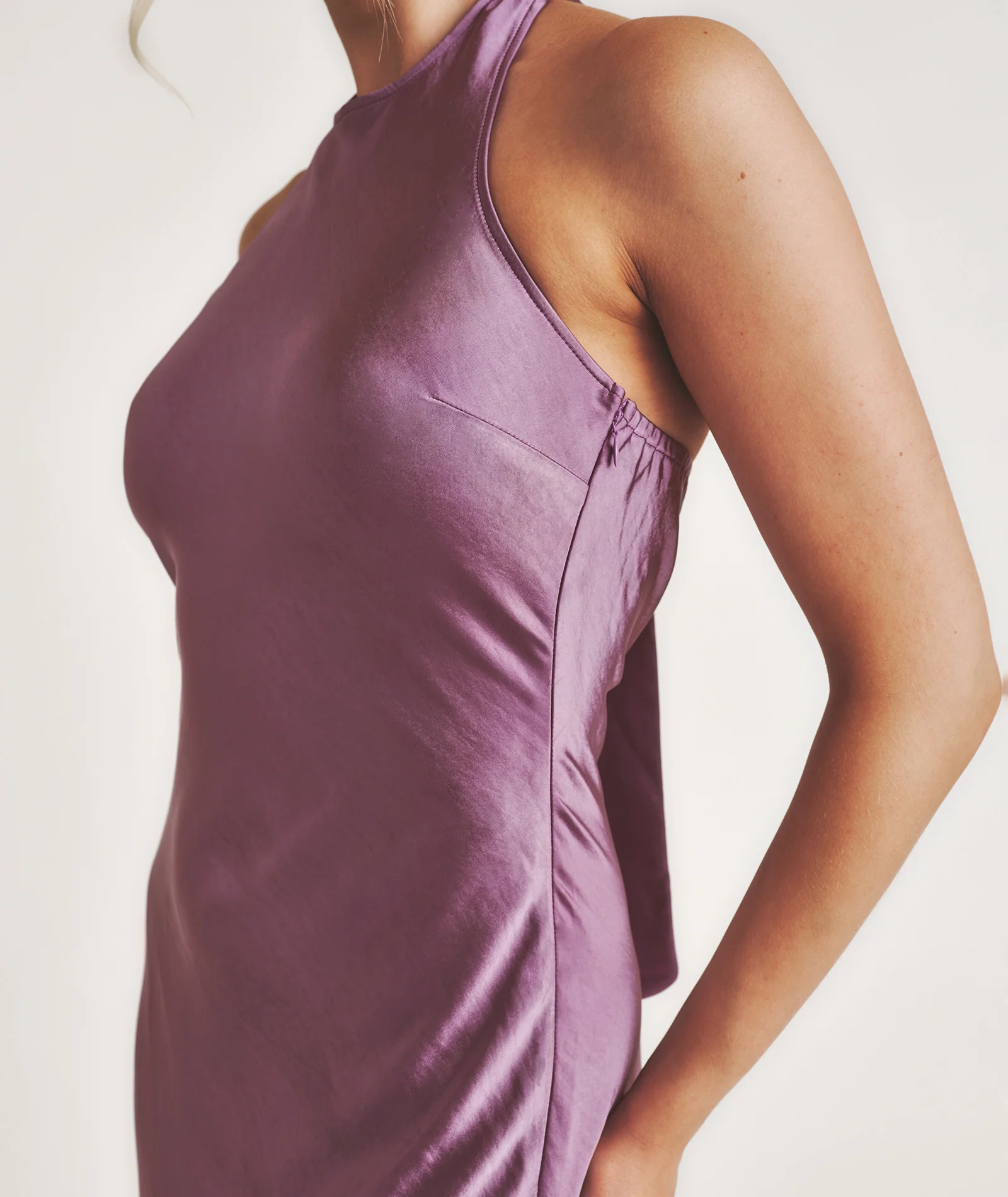 Racer Neck Satin Bridesmaid Dress - Orchid - Image 6