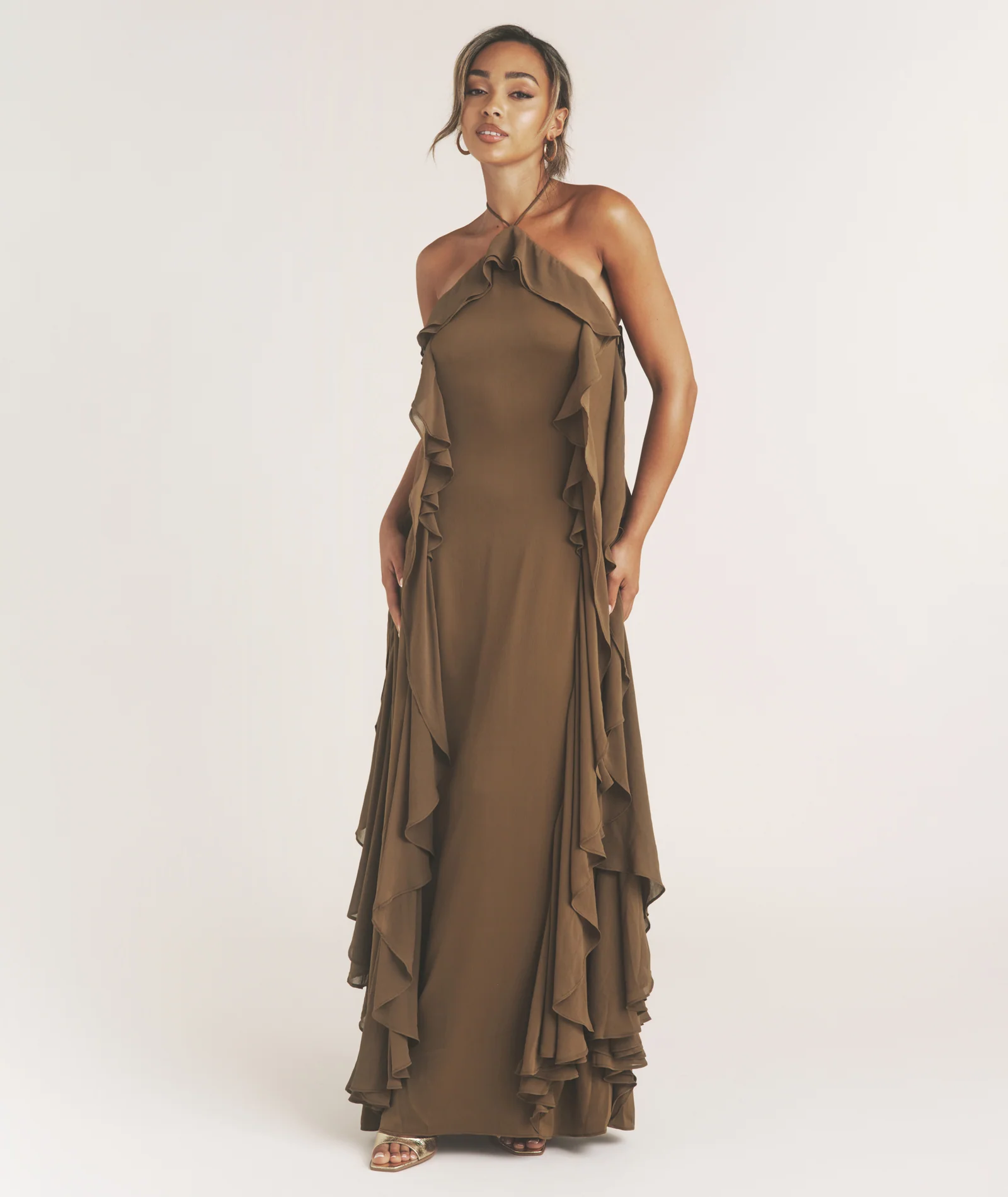 Ruffle Halter Neck Maxi Dress - Olive - Image 3