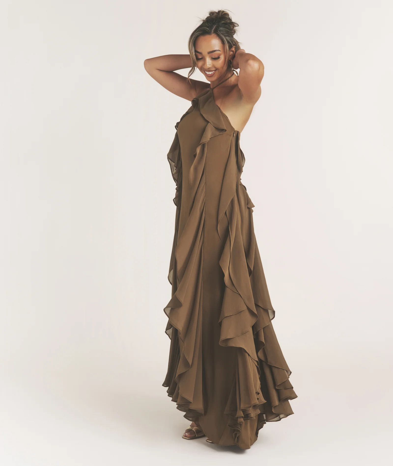 Ruffle Halter Neck Maxi Dress - Olive - Image 5