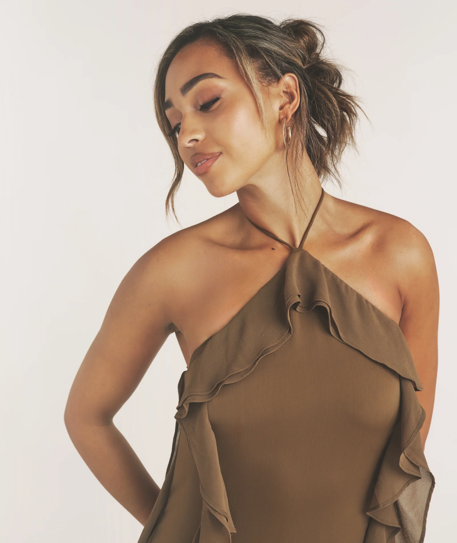 Ruffle Halter Neck Maxi Dress - Olive - Image 6