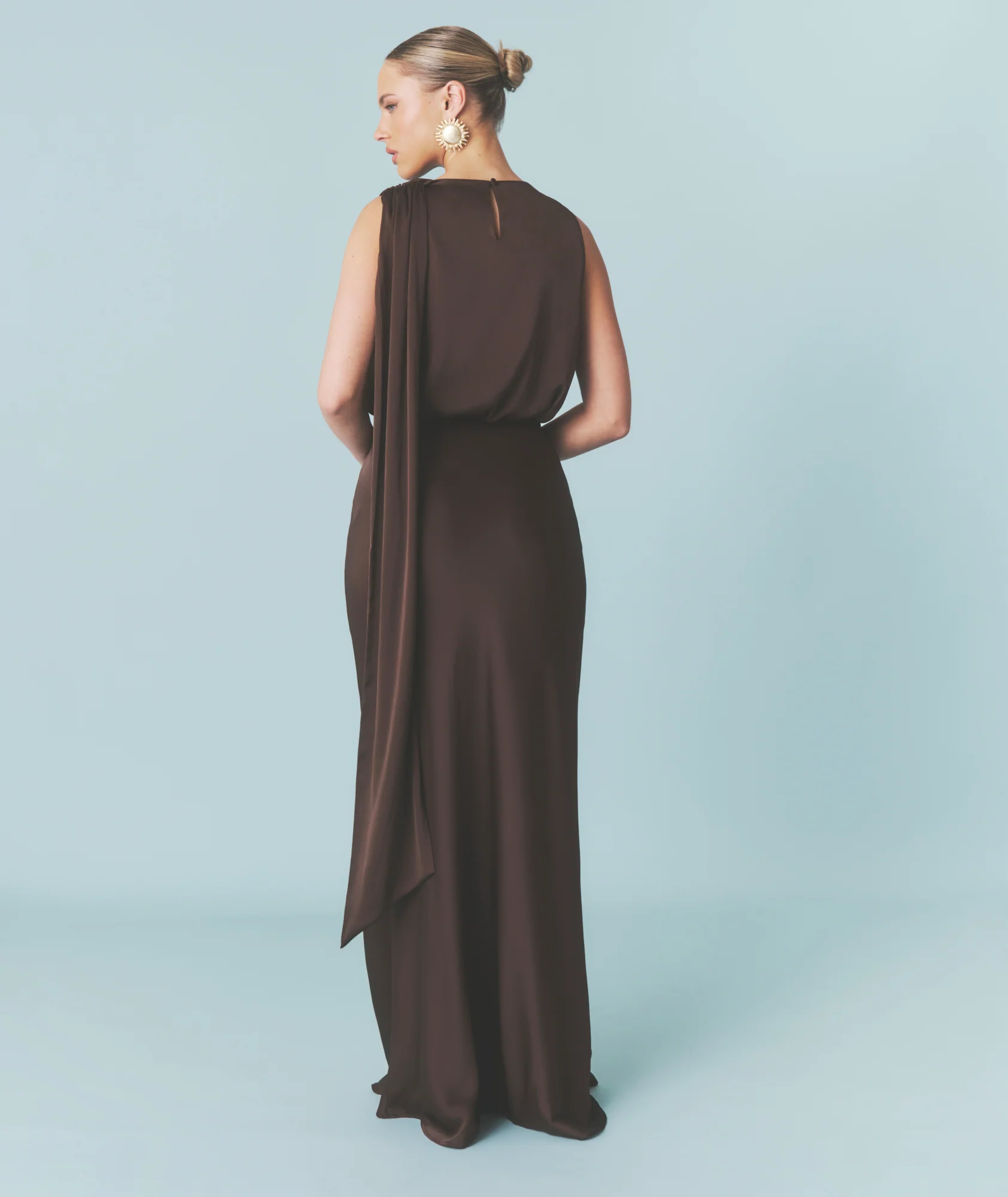 Satin Drape Detail High Neck Top - Chocolate - Image 3