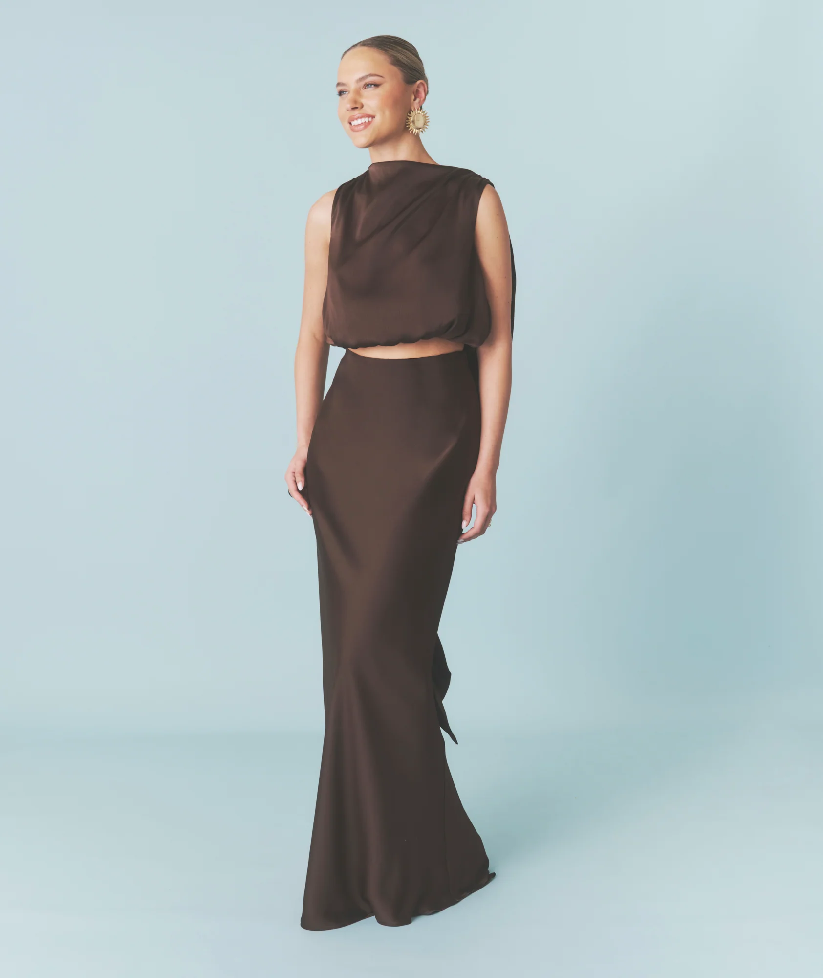 Satin Drape Detail High Neck Top - Chocolate - Image 5