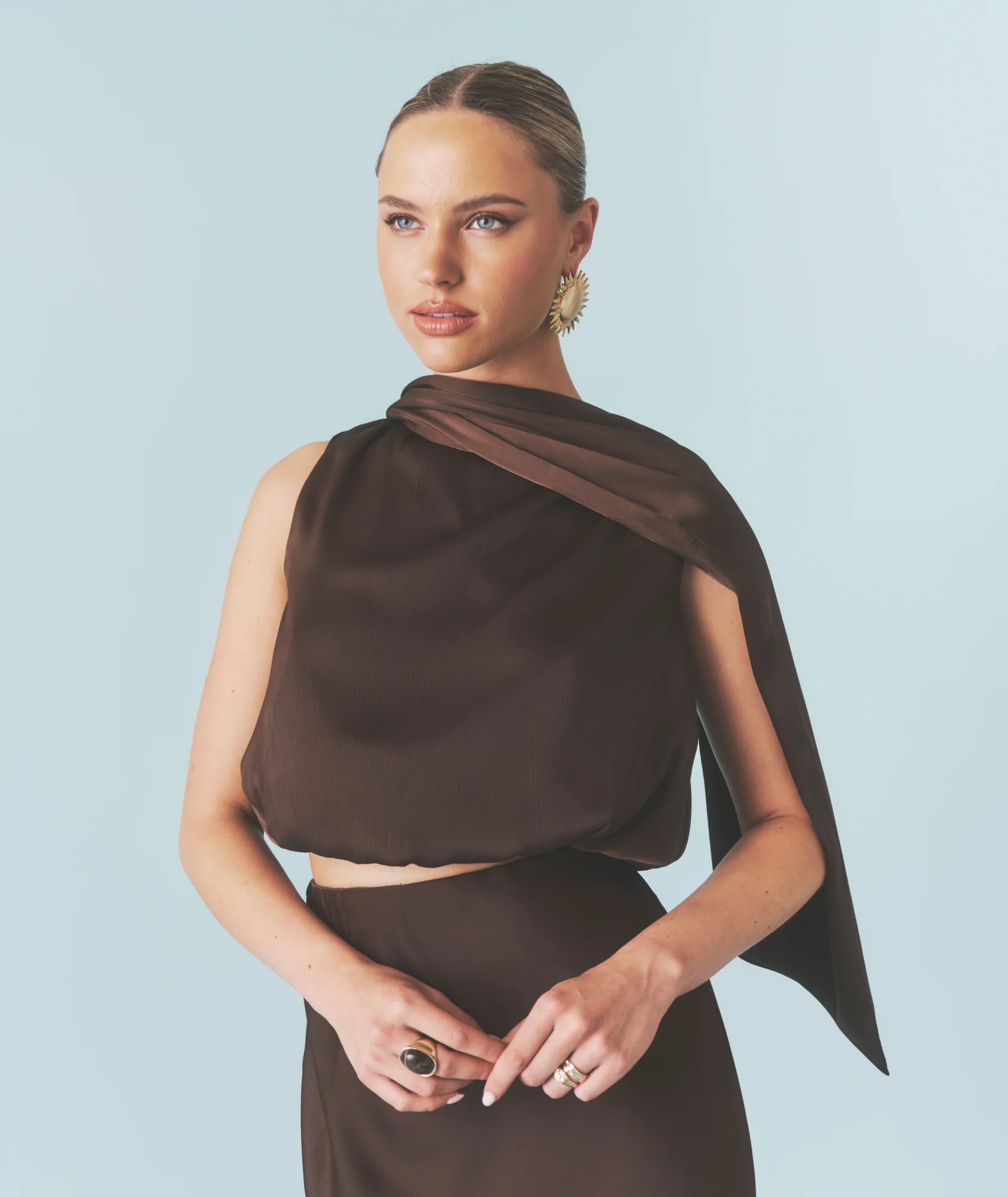 Satin Drape Detail High Neck Top - Chocolate - Image 6