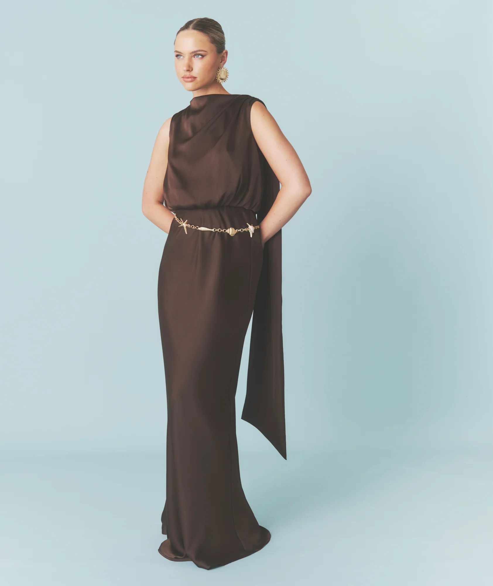 Satin Drape Detail High Neck Top - Chocolate - Image 7