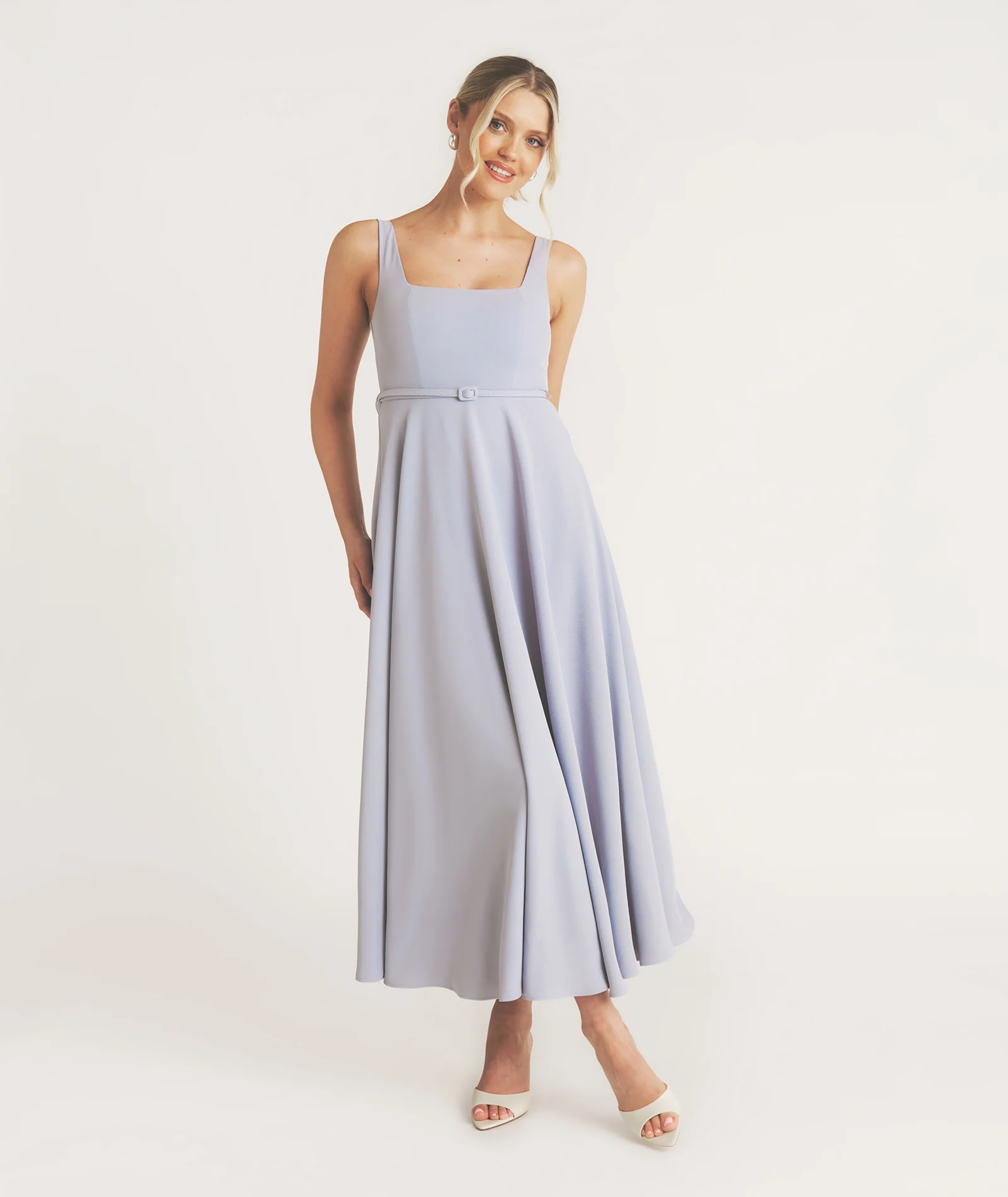 Square Neck Belted Midi Dress - Pale Blue