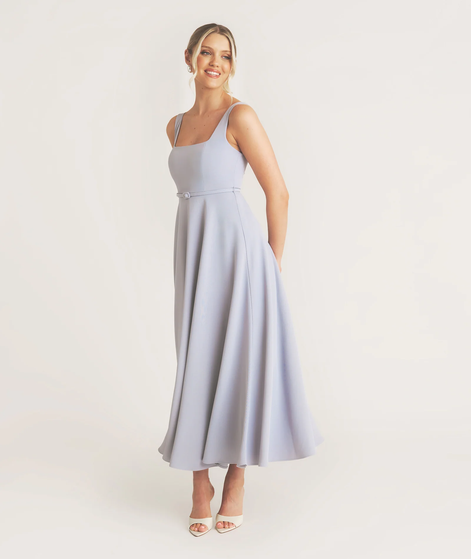 Square Neck Belted Midi Dress - Pale Blue - Image 3