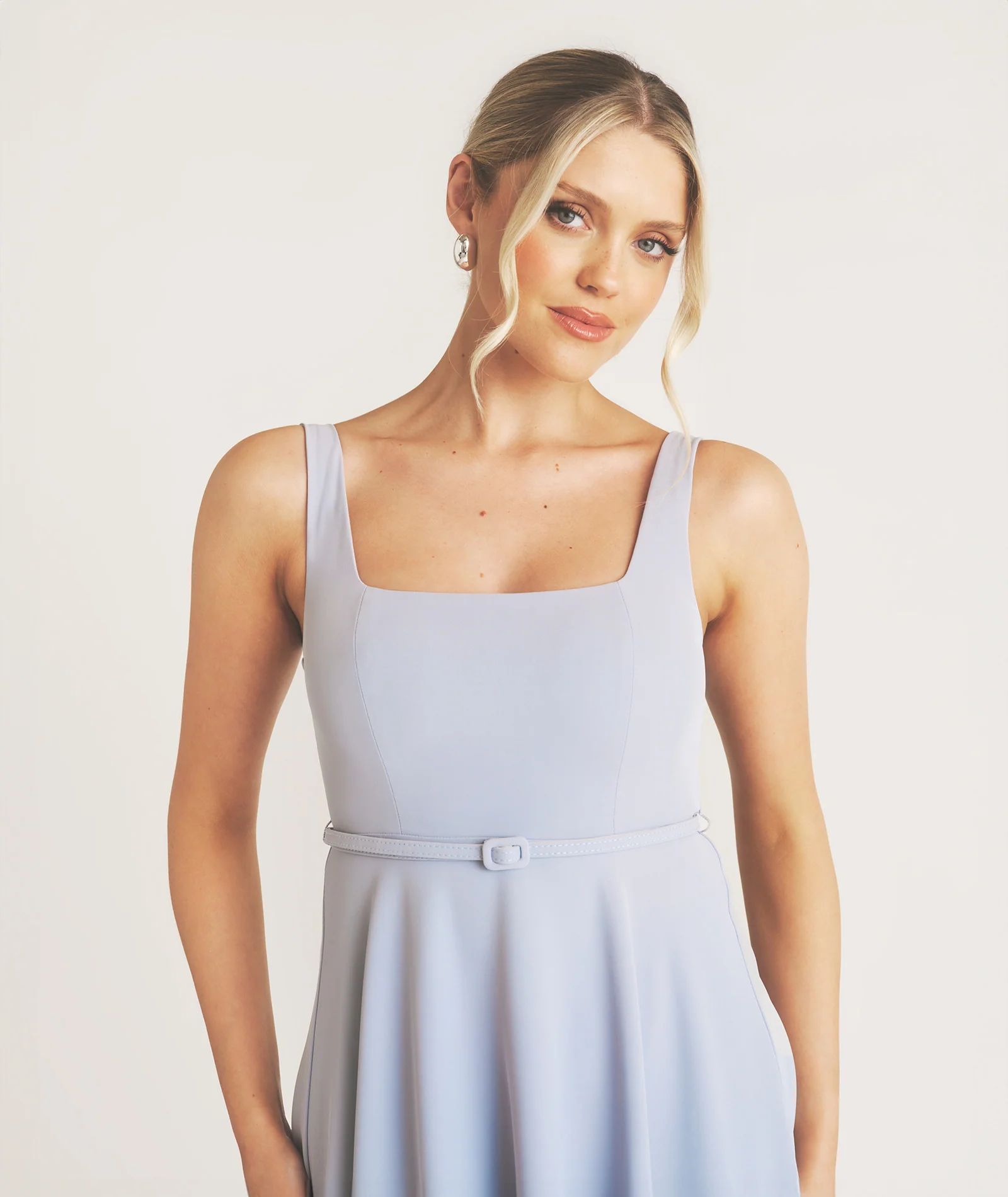 Square Neck Belted Midi Dress - Pale Blue - Image 4