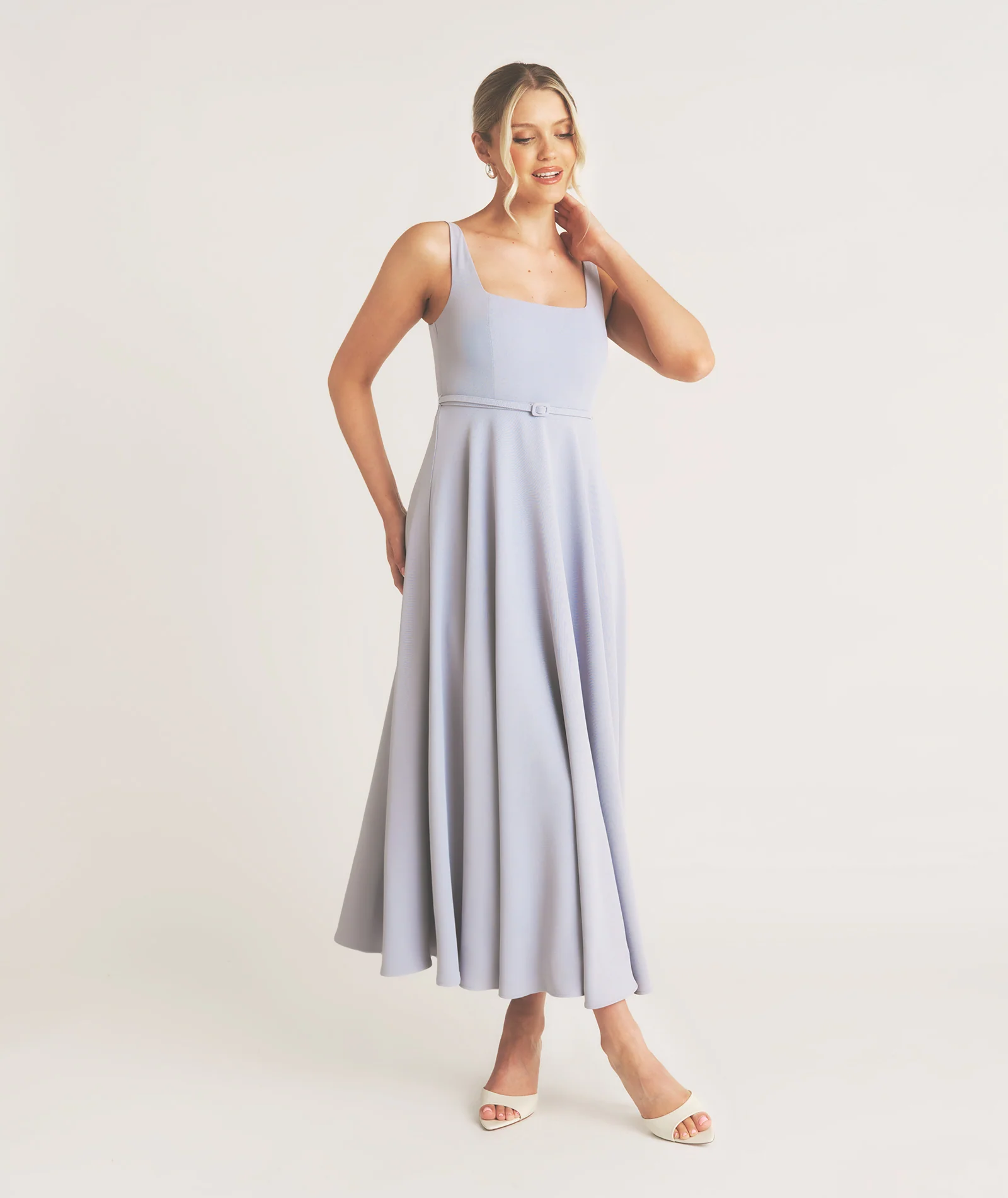 Square Neck Belted Midi Dress - Pale Blue - Image 5